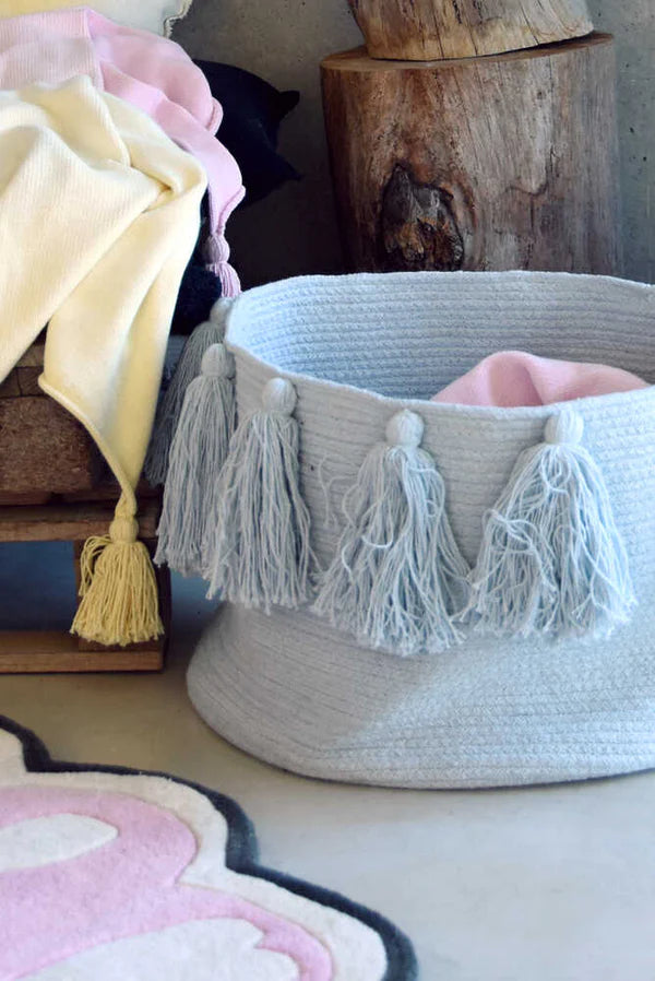 BASKET TASSELS SOFT BLUE  Little Wonder & Co   