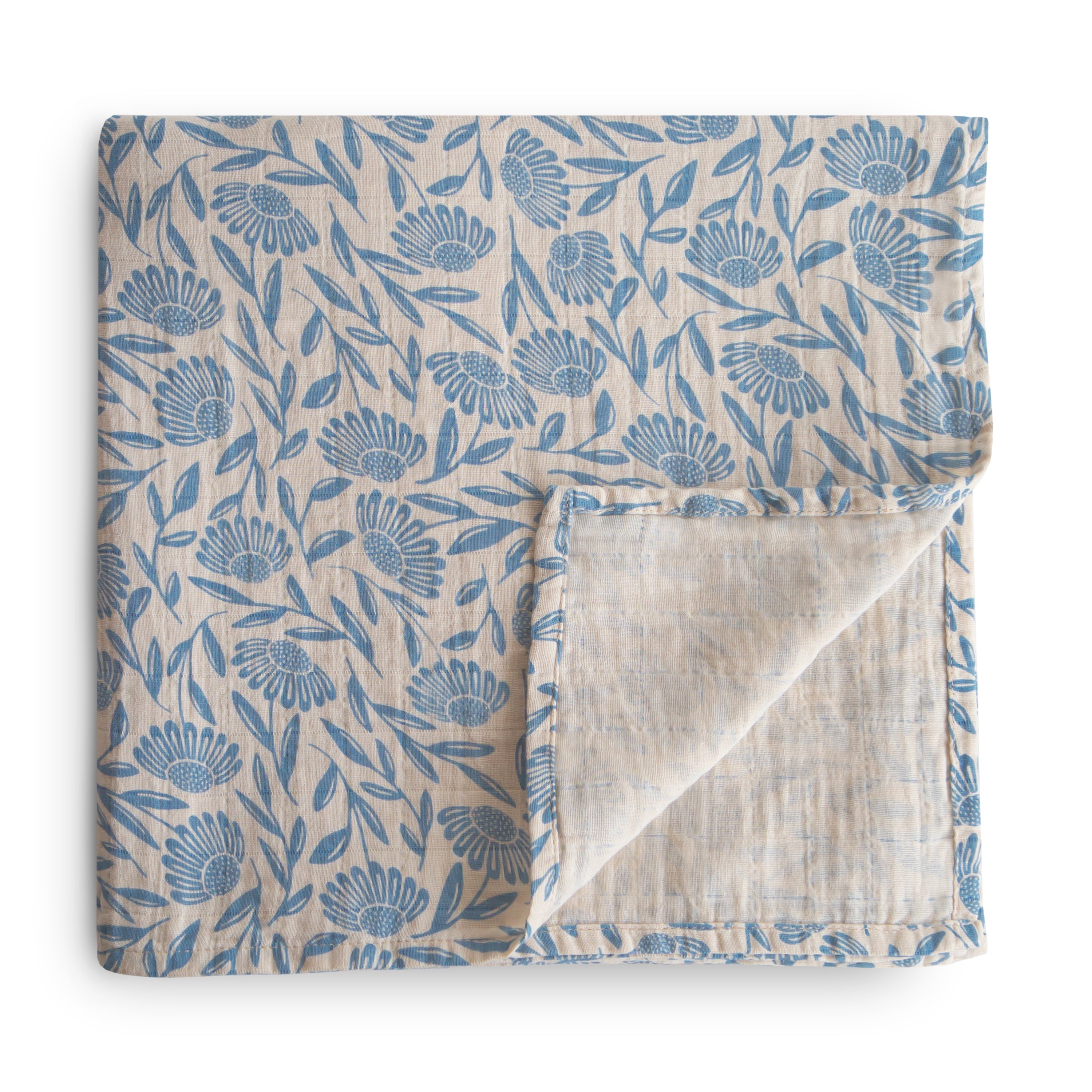 Organic Cotton Muslin Swaddle Blanket Swaddle Mushie Blue Flowers  