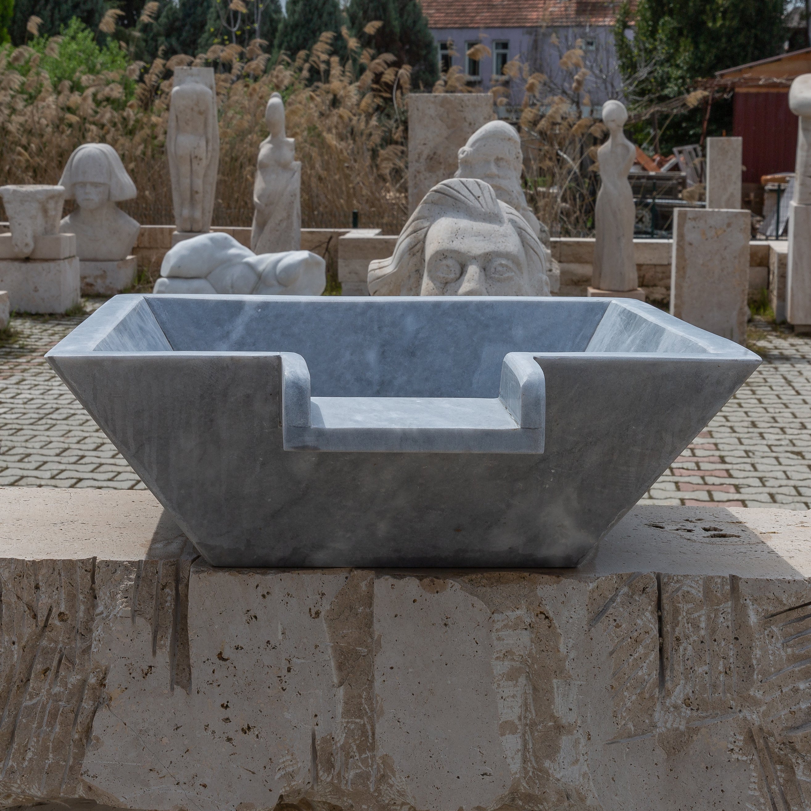Bluestone Marble Natural Stone Pool Square Cascade Water Bowl - Belair Collection