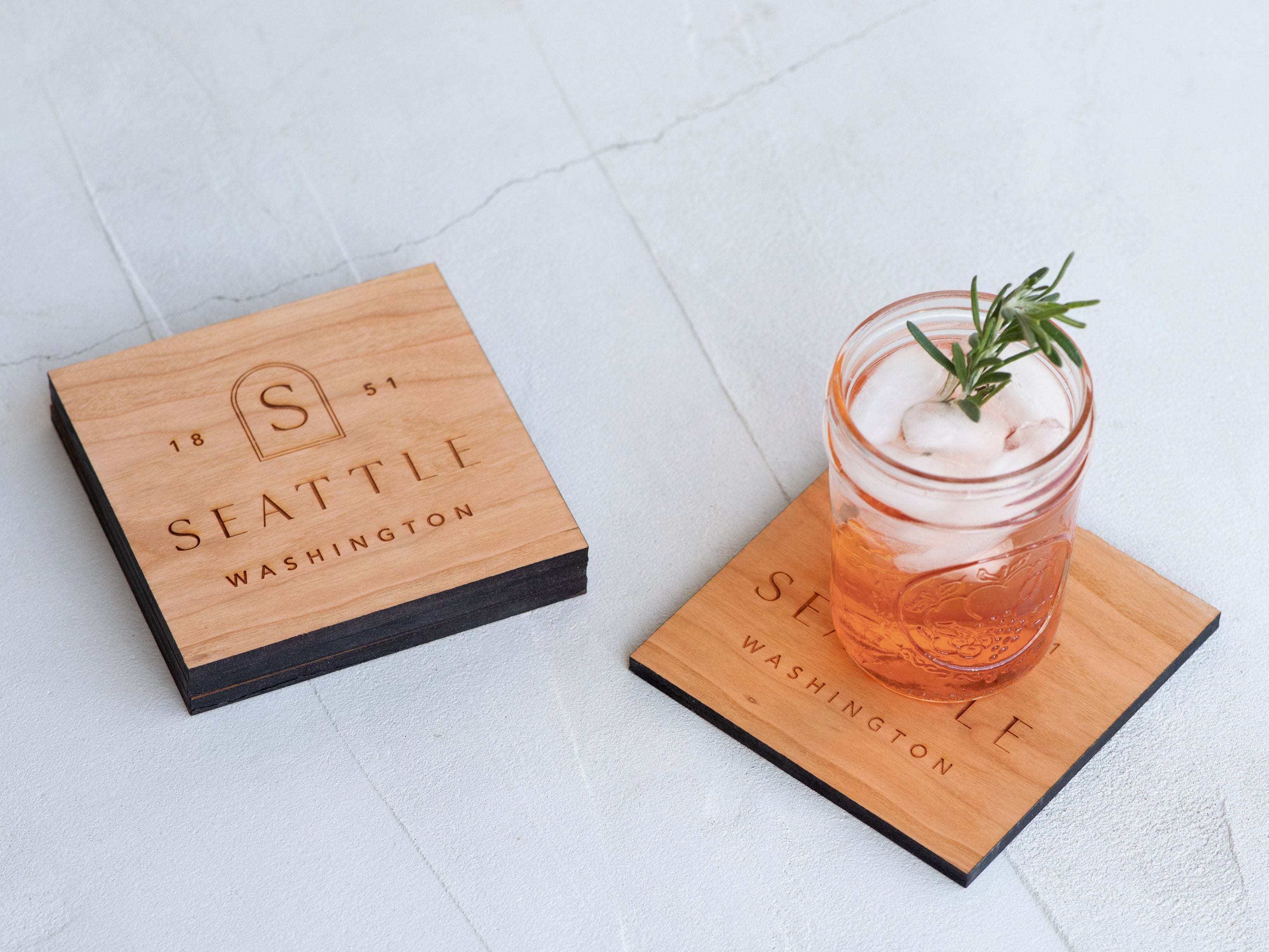 Boho Custom City & State Badge Wooden Coasters • Handmade Set of 4