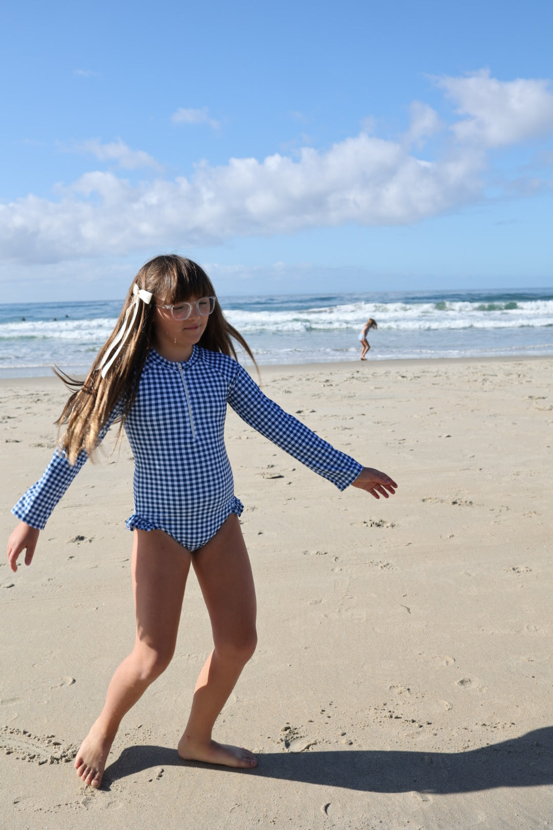 Girl's Long Sleeve Swimsuit | Blue Gingham