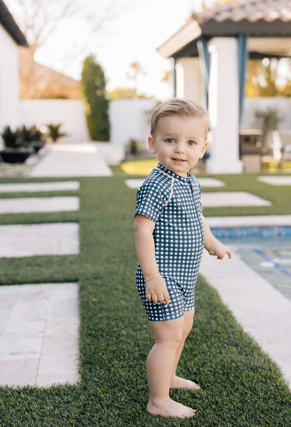 Navy Gingham Zipper Swimsuit