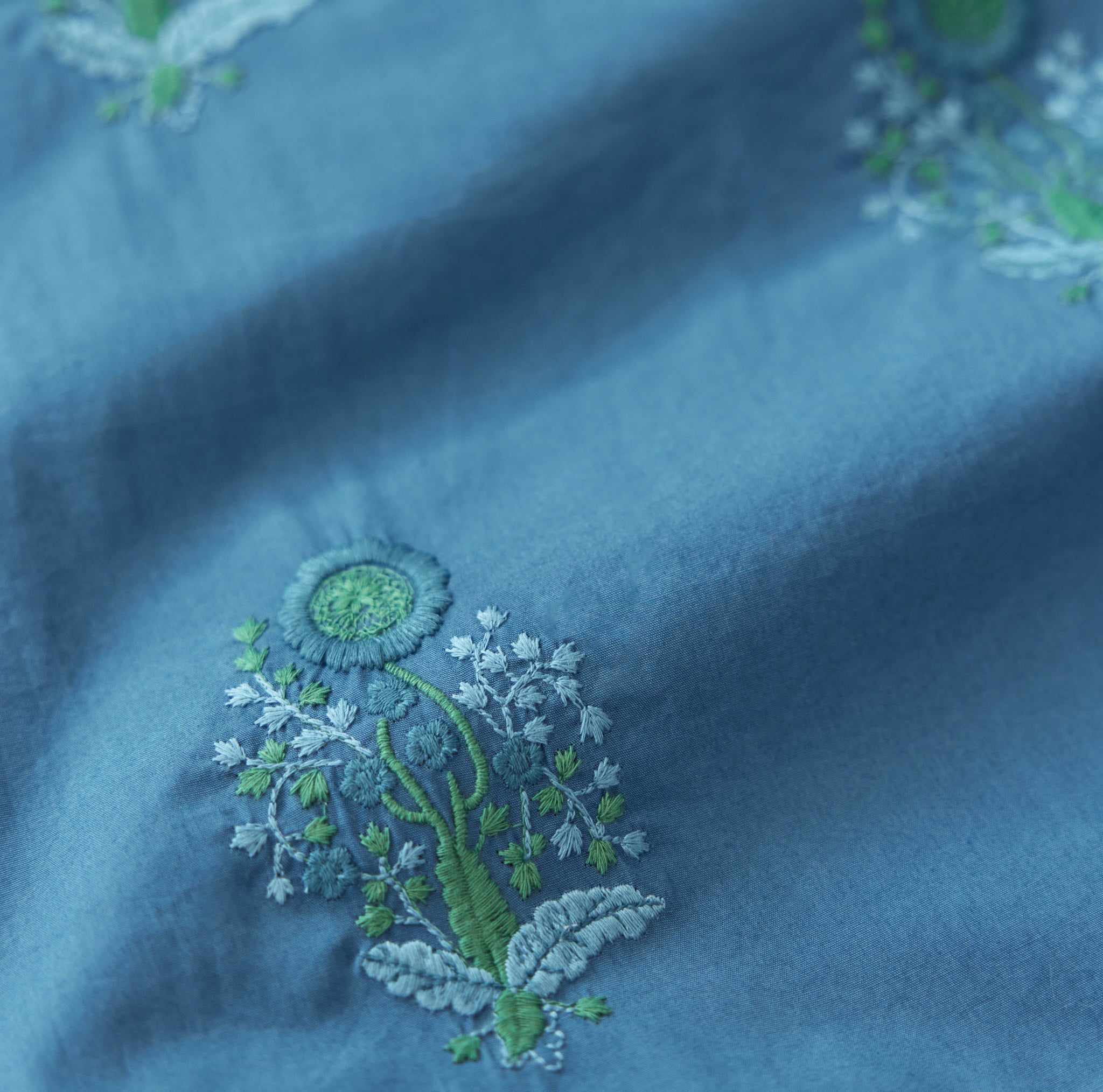 Brook Embroidered Mini Fringe Dress - Prussian Blue/Placed Floral Embroidery