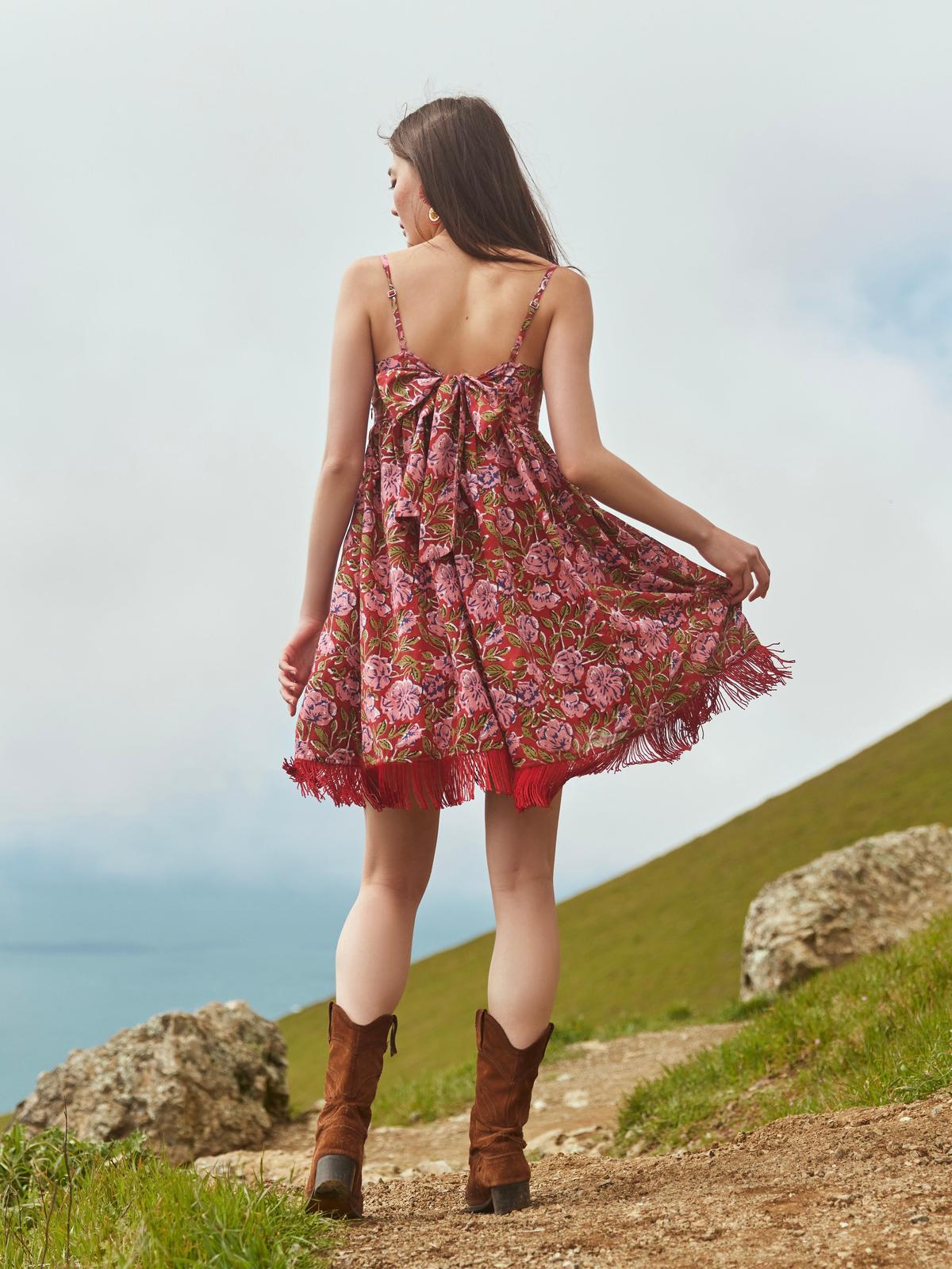Gavin Fringe Mini Dress - Imperial Red/Blush Floral print