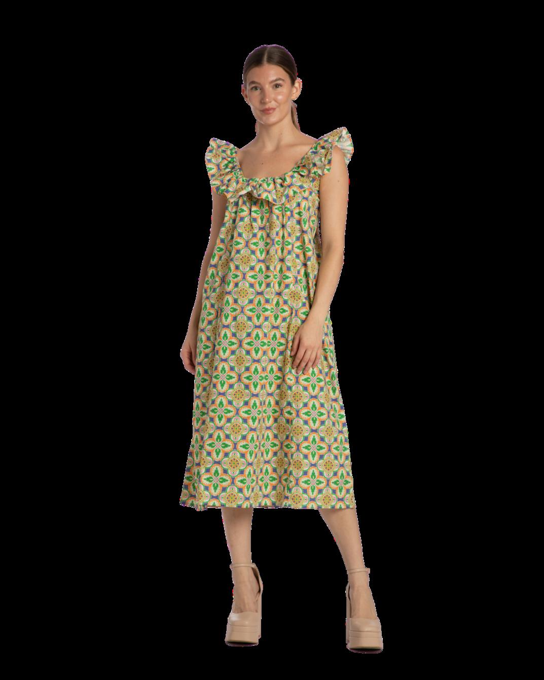 Ali Ruffle Square Neck Dress - Mosaic Tile