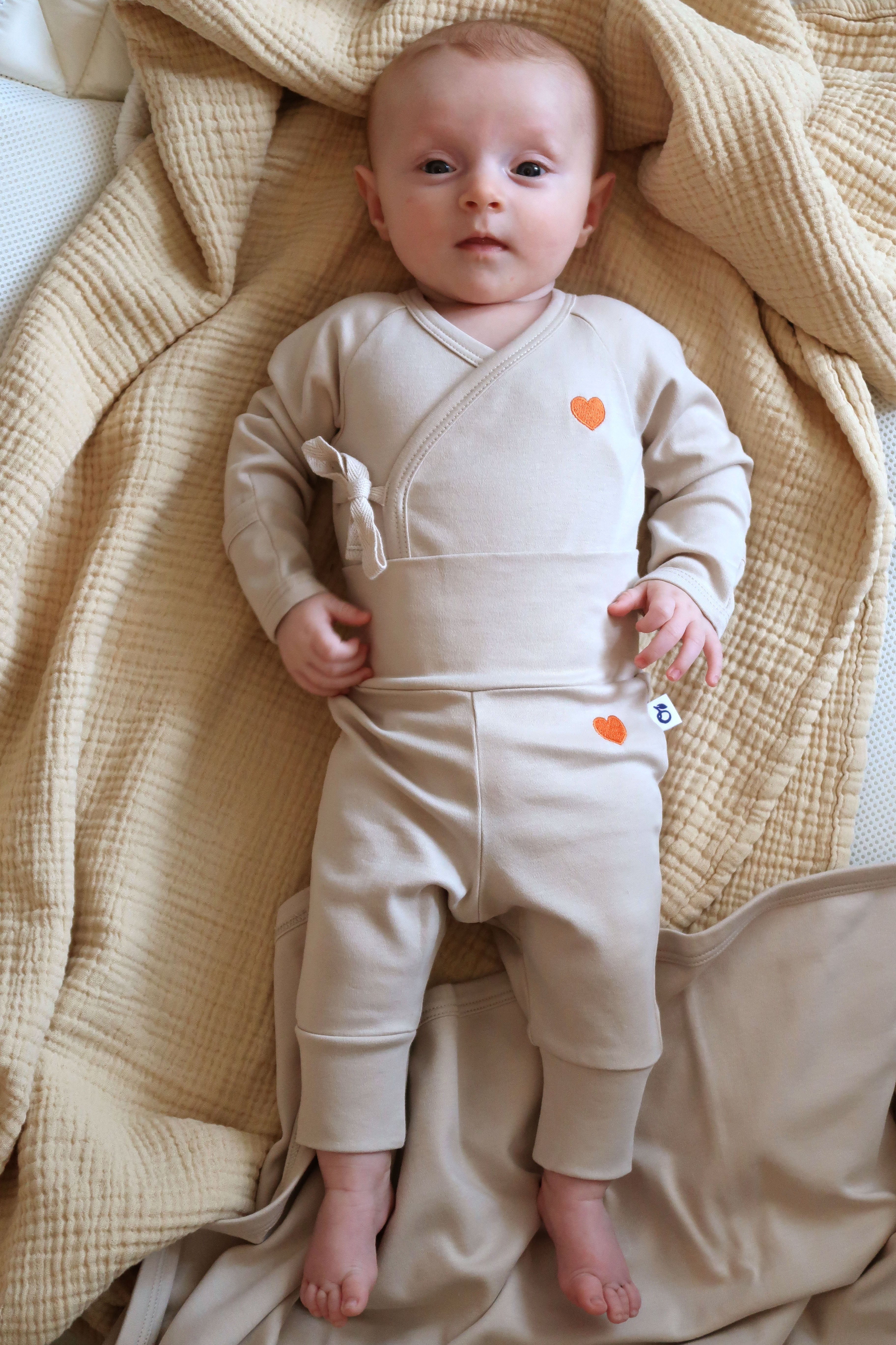 Organic Pima Cotton Baby Kimono Body - Sand With Heart