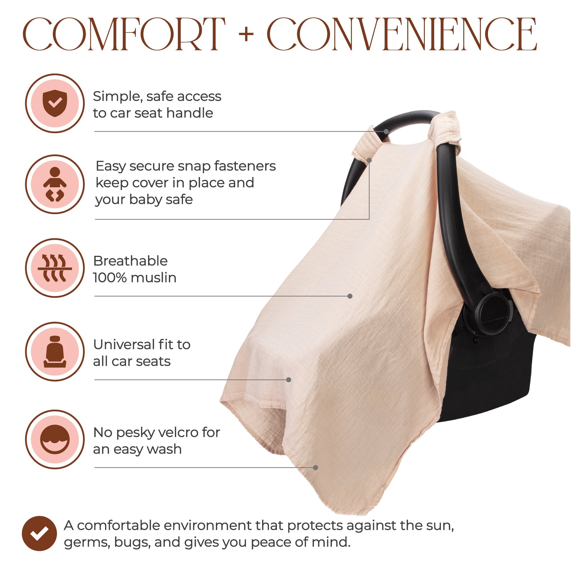 Muslin Baby Car Seat Cover by Comfy Cubs - Blush