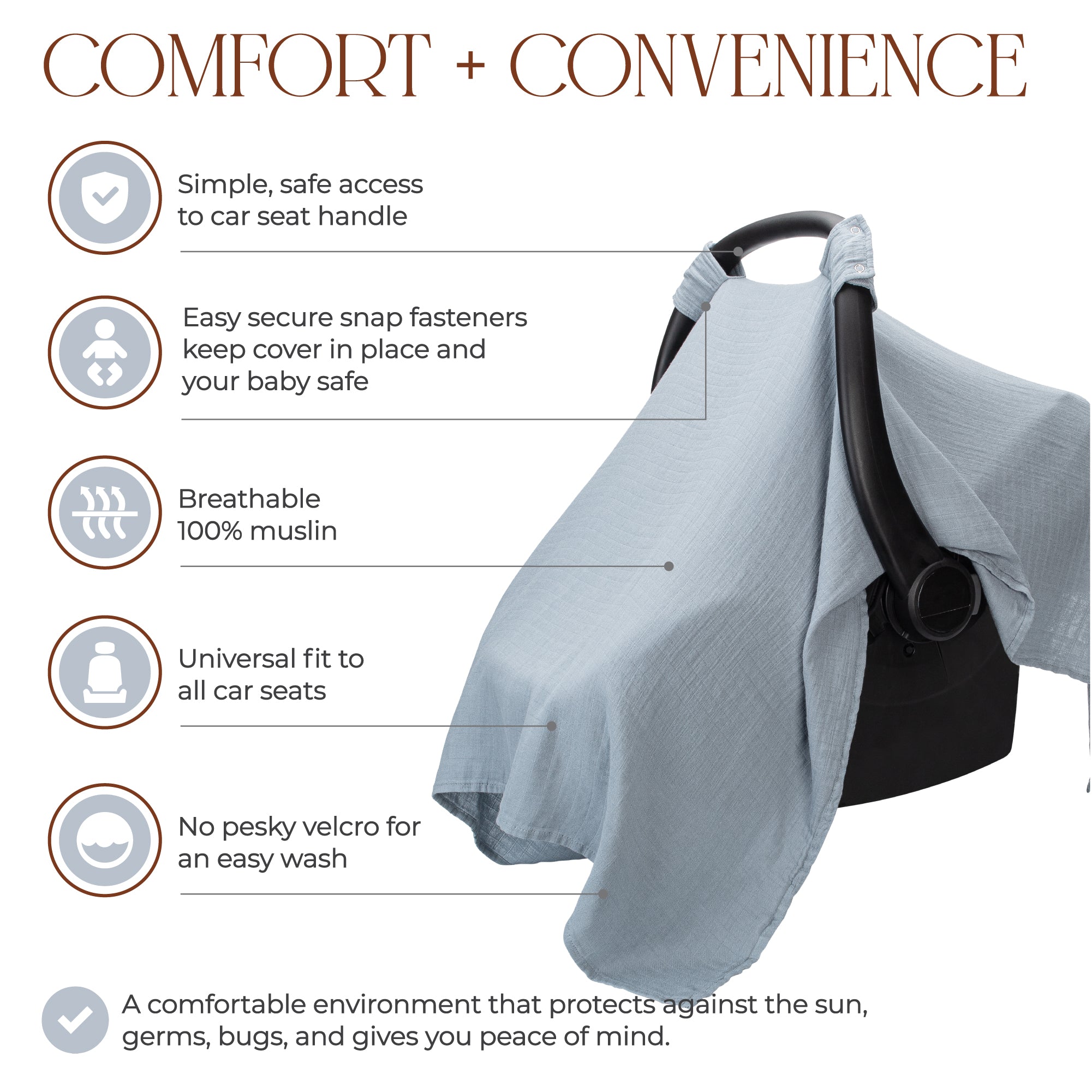 Muslin Baby Car Seat Cover by Comfy Cubs - Pacific Blue