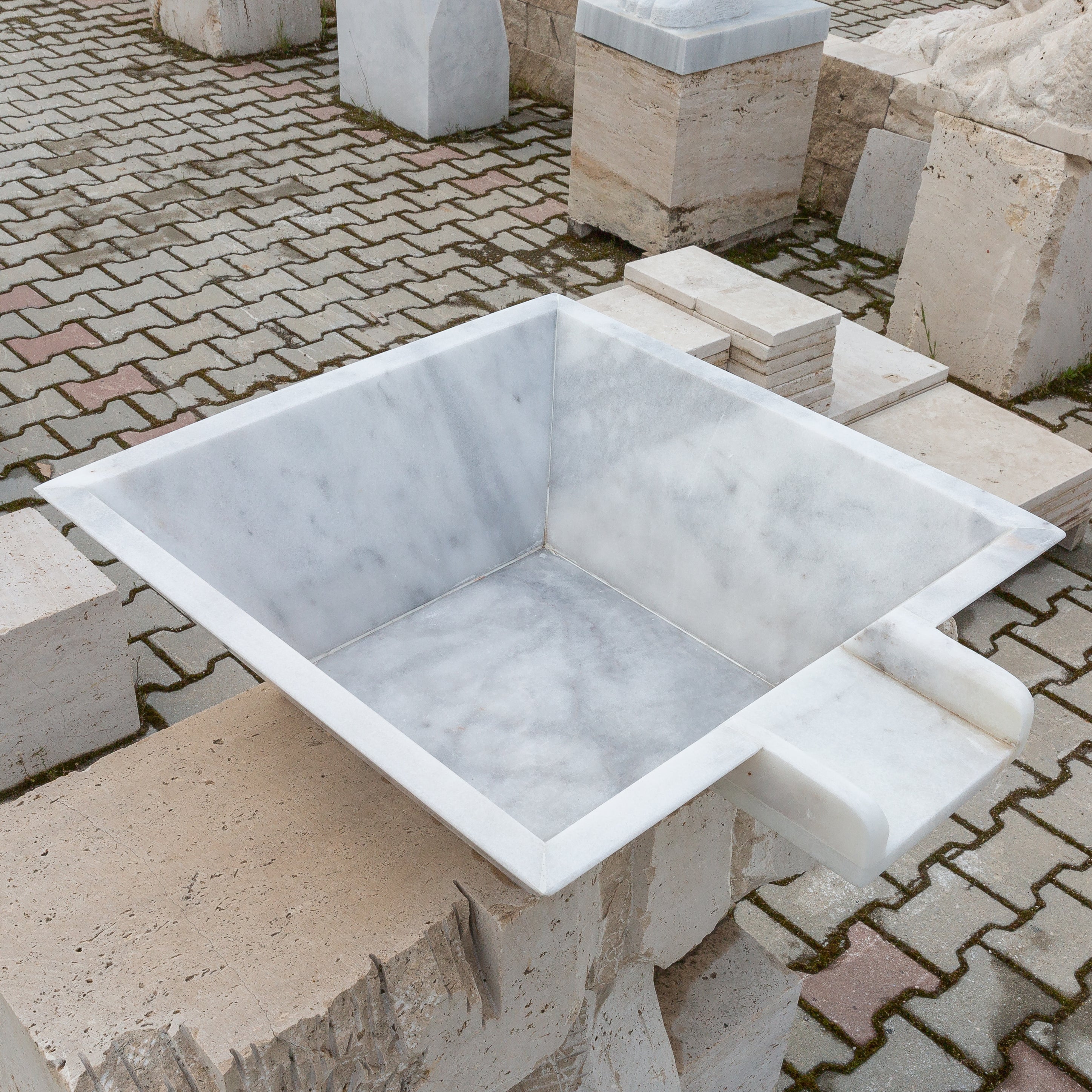 Carrara White Marble Natural Stone Pool Square Cascade Water Bowl - Belair Collection