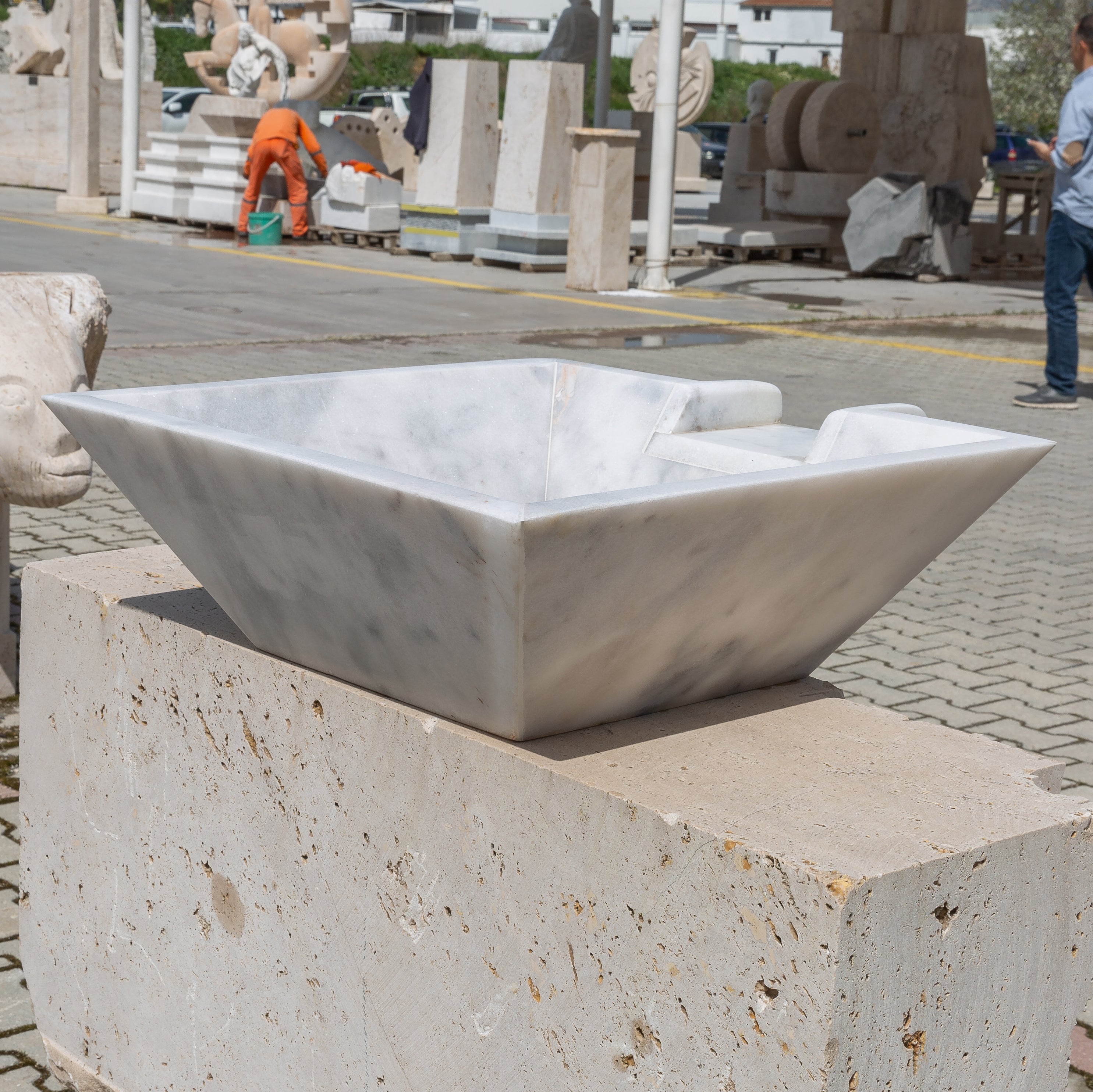 Carrara White Marble Natural Stone Pool Square Cascade Water Bowl - Belair Collection