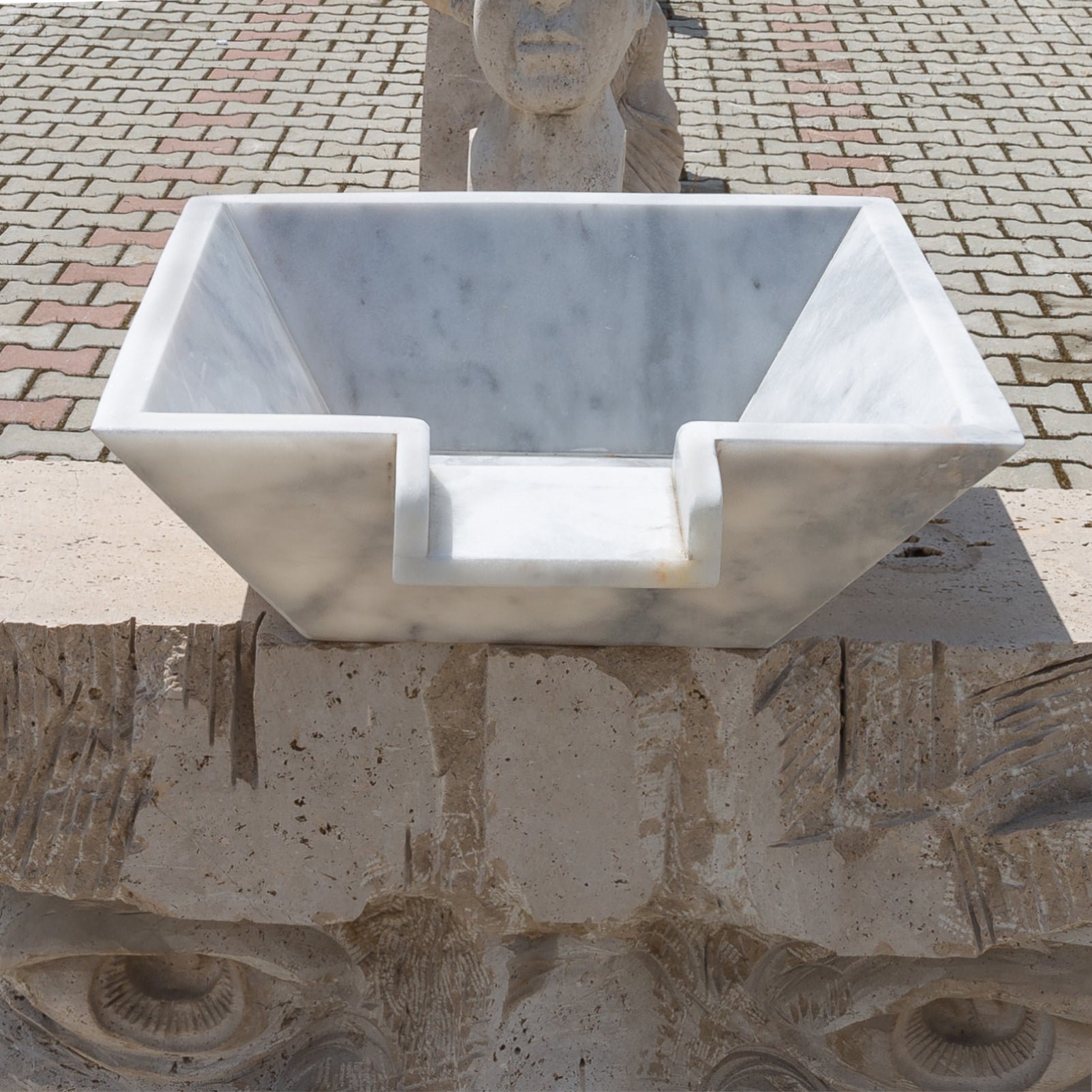 Carrara White Marble Natural Stone Pool Square Cascade Water Bowl - Belair Collection