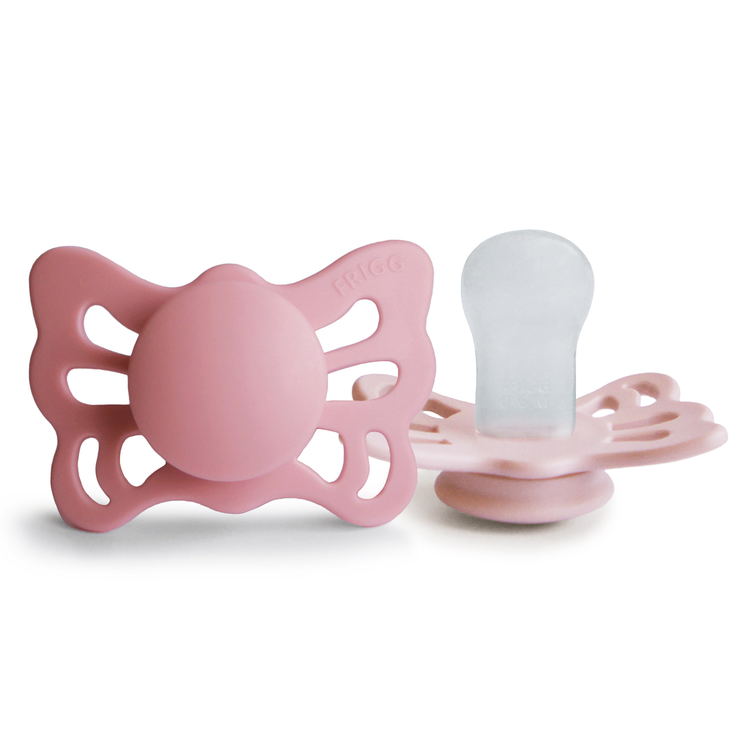 FRIGG Butterfly Anatomical Silicone Pacifier 2-Pack (0-6 Months) FRIGG PACIFIERS Mushie Cedar/Baby Pink  