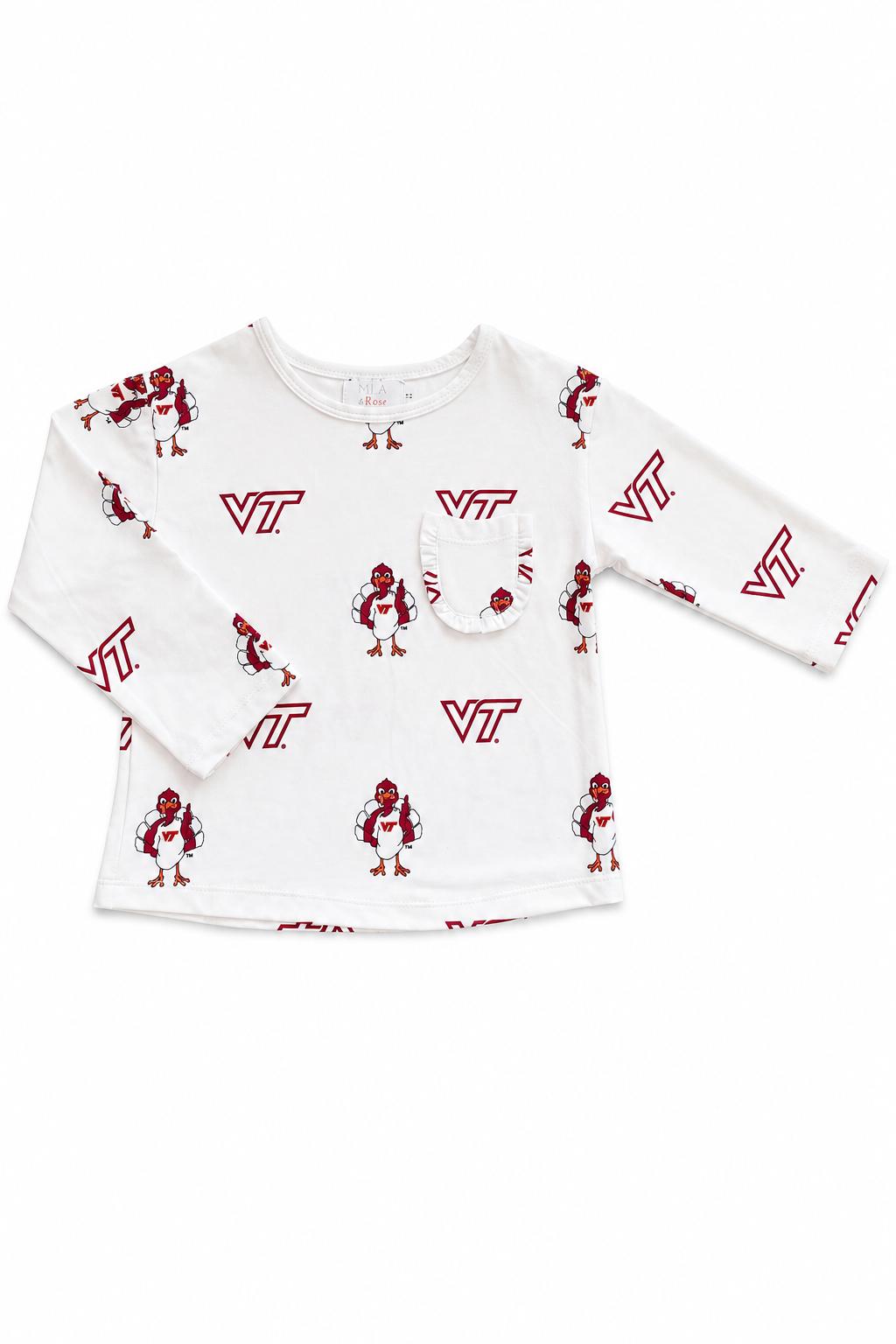 Virginia Tech White Hokie L/S Ruffle Pocket Tee
