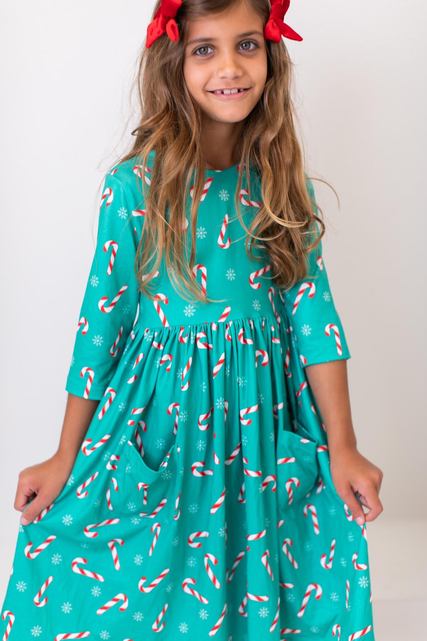 Mila & Rose Christmas Candy 3/4 Sleeve Pocket Twirl Dress, 3T