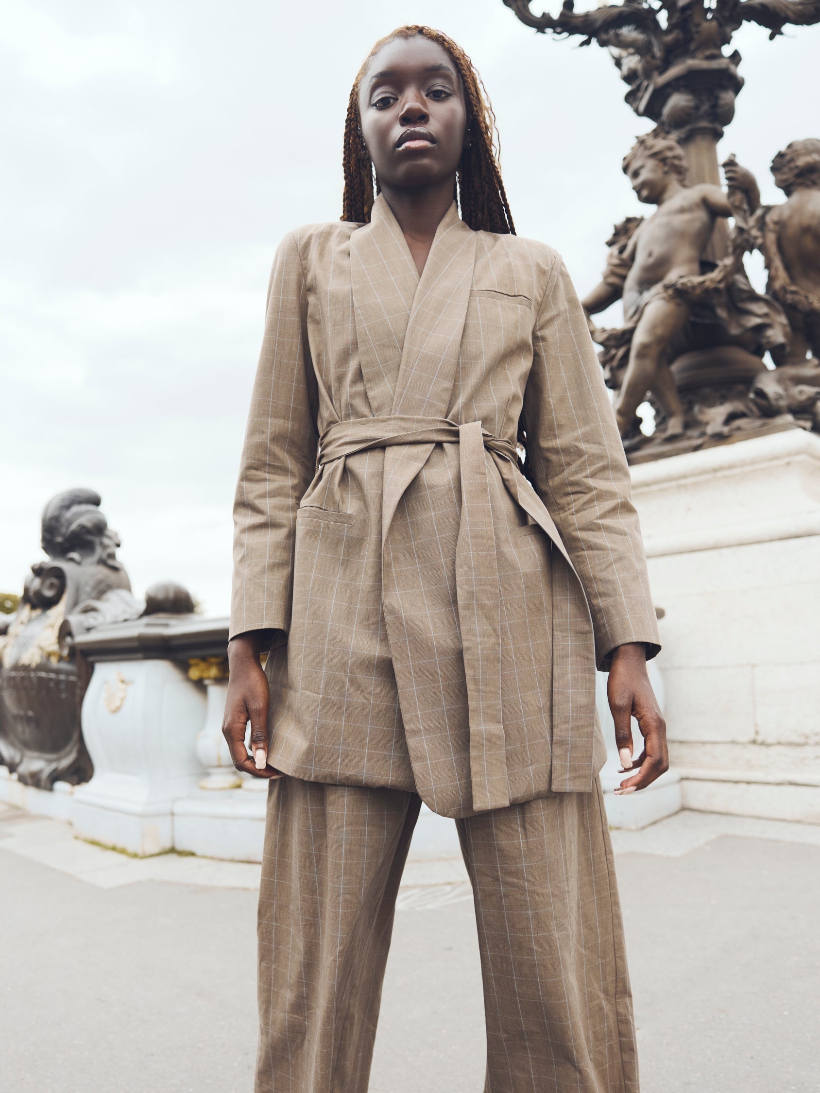 Blazer With Waist Tie - Coco Check with Baby Blue Pinstripe