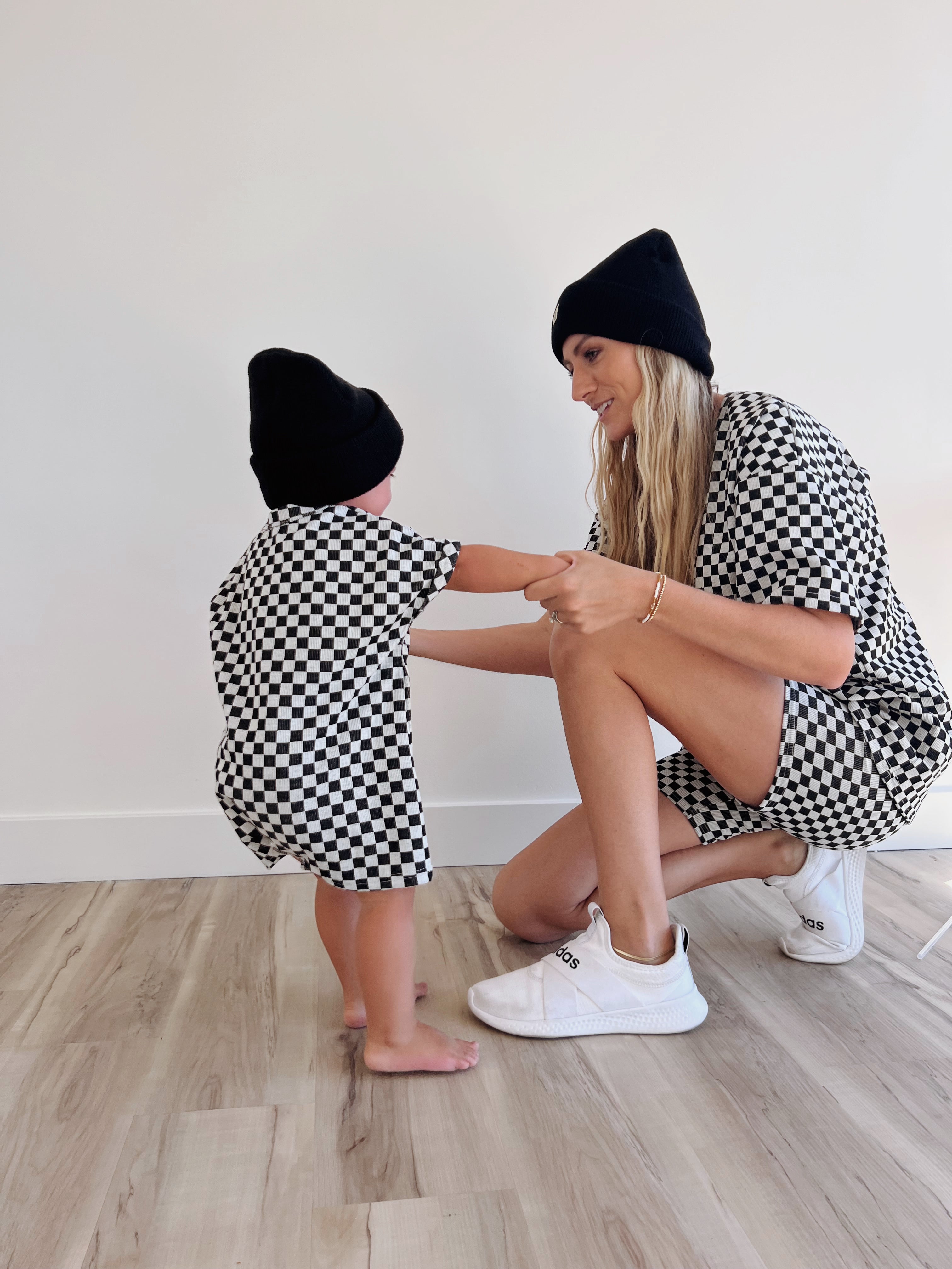 Short Sleeve Ribbed Romper | Black & Grey Checkerboard