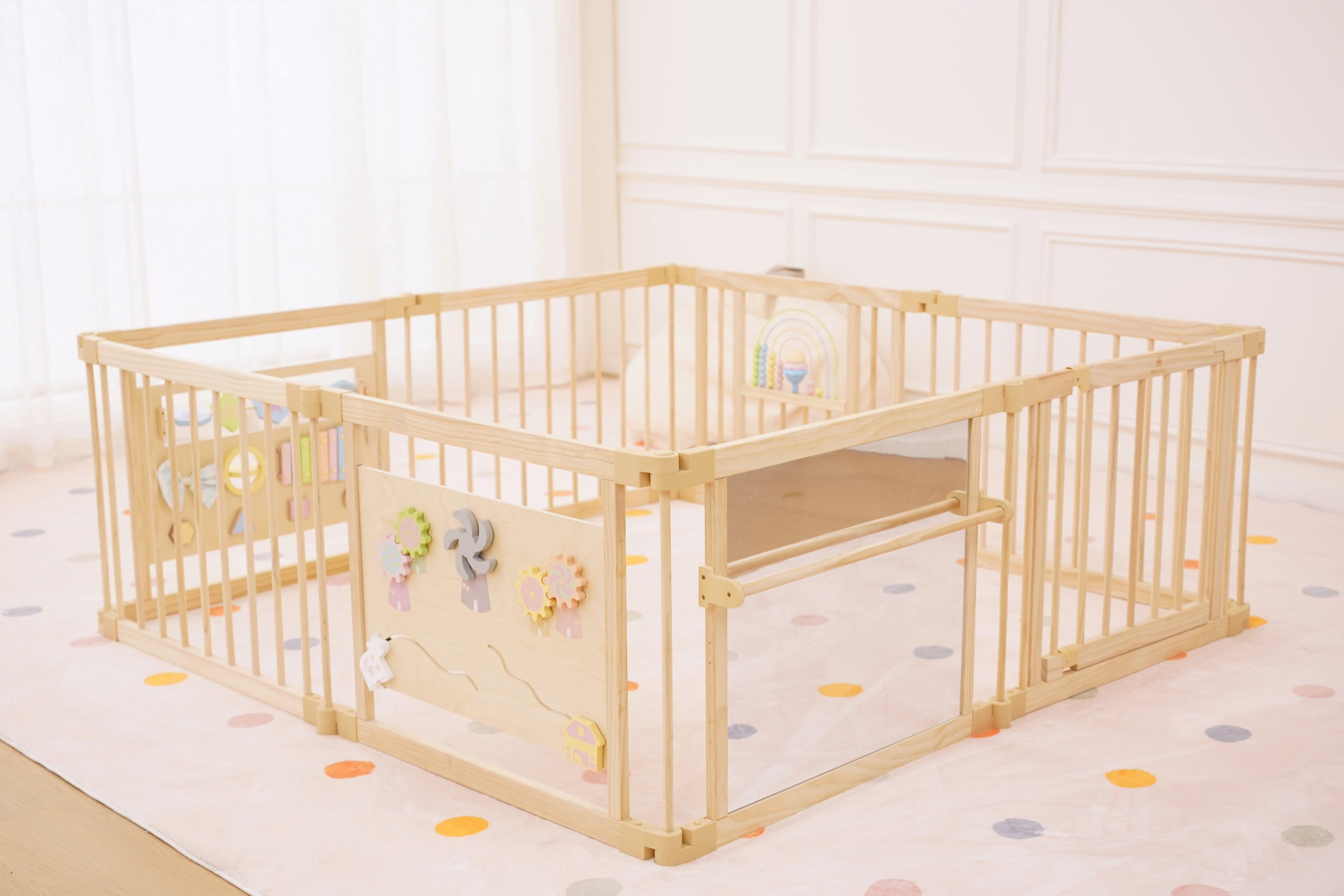 Wooden Baby Playpen with Mirror & Whiteboard Panel – Foldable 63" x 63" Montessori Sensory Play Yard