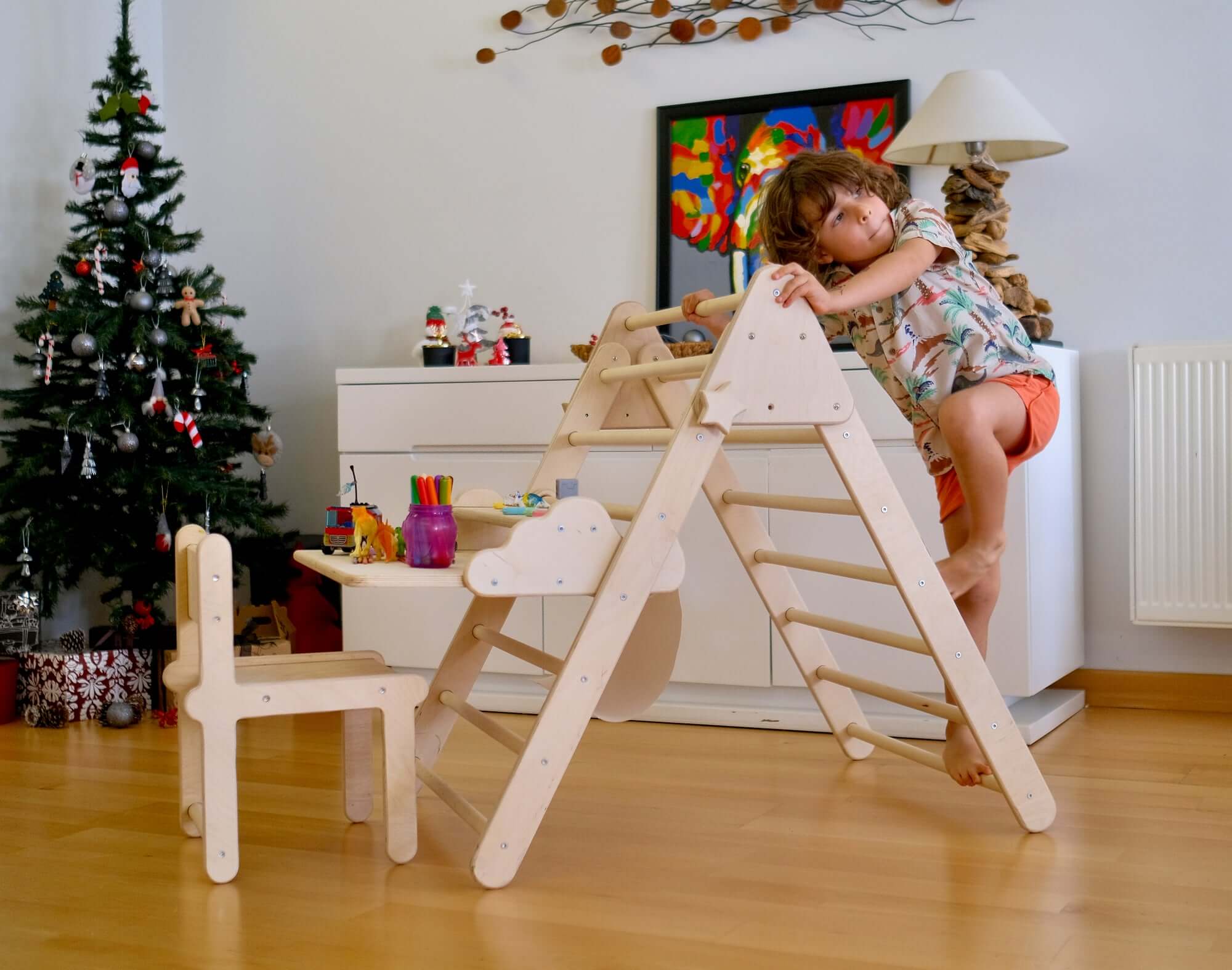 Foldable Montessori Climbing Triangle Set with Portable Table and Chair