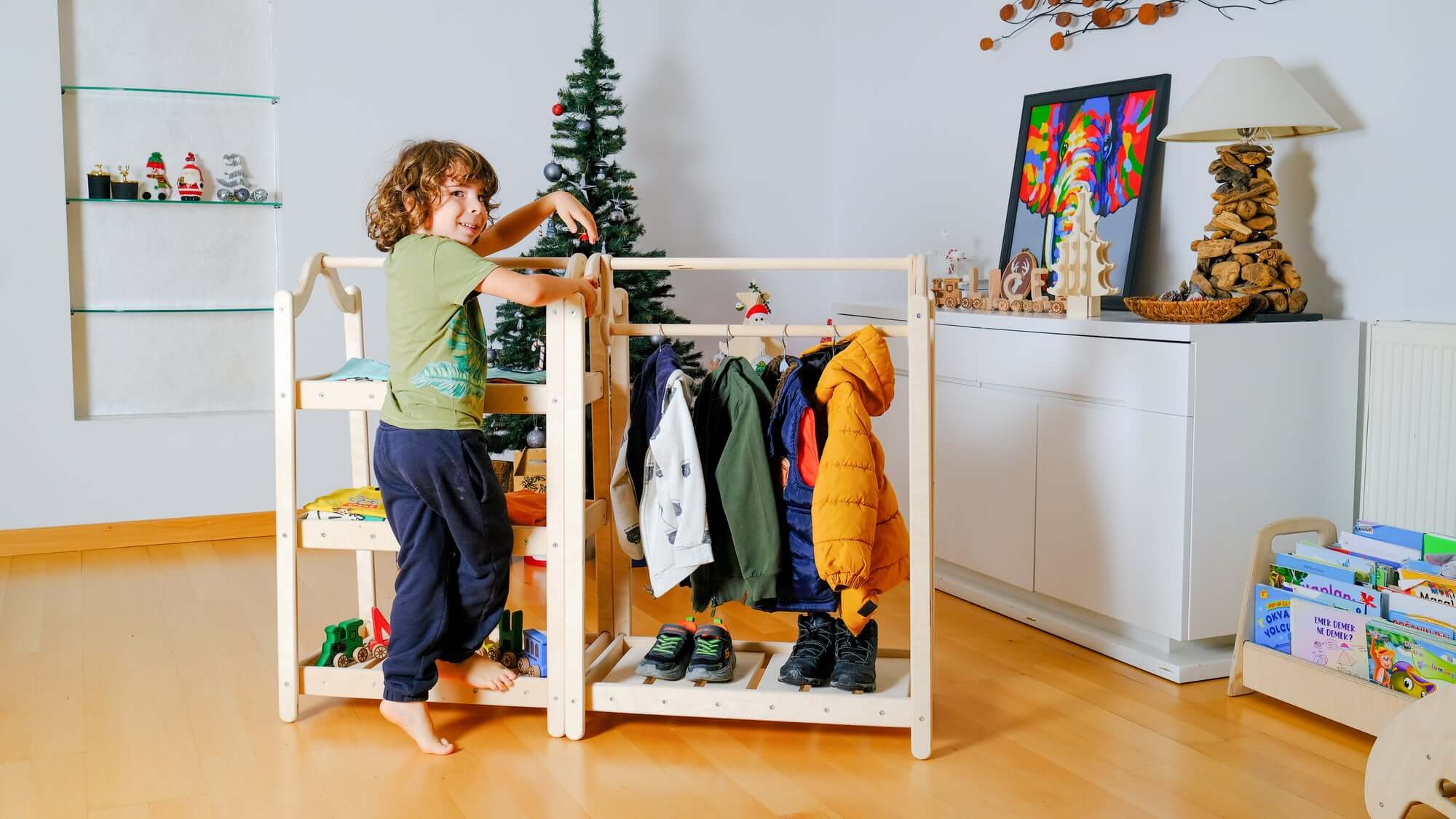 Montessori Wooden Clothes Rack and Wardrobe Set | Child Clothing Organizer