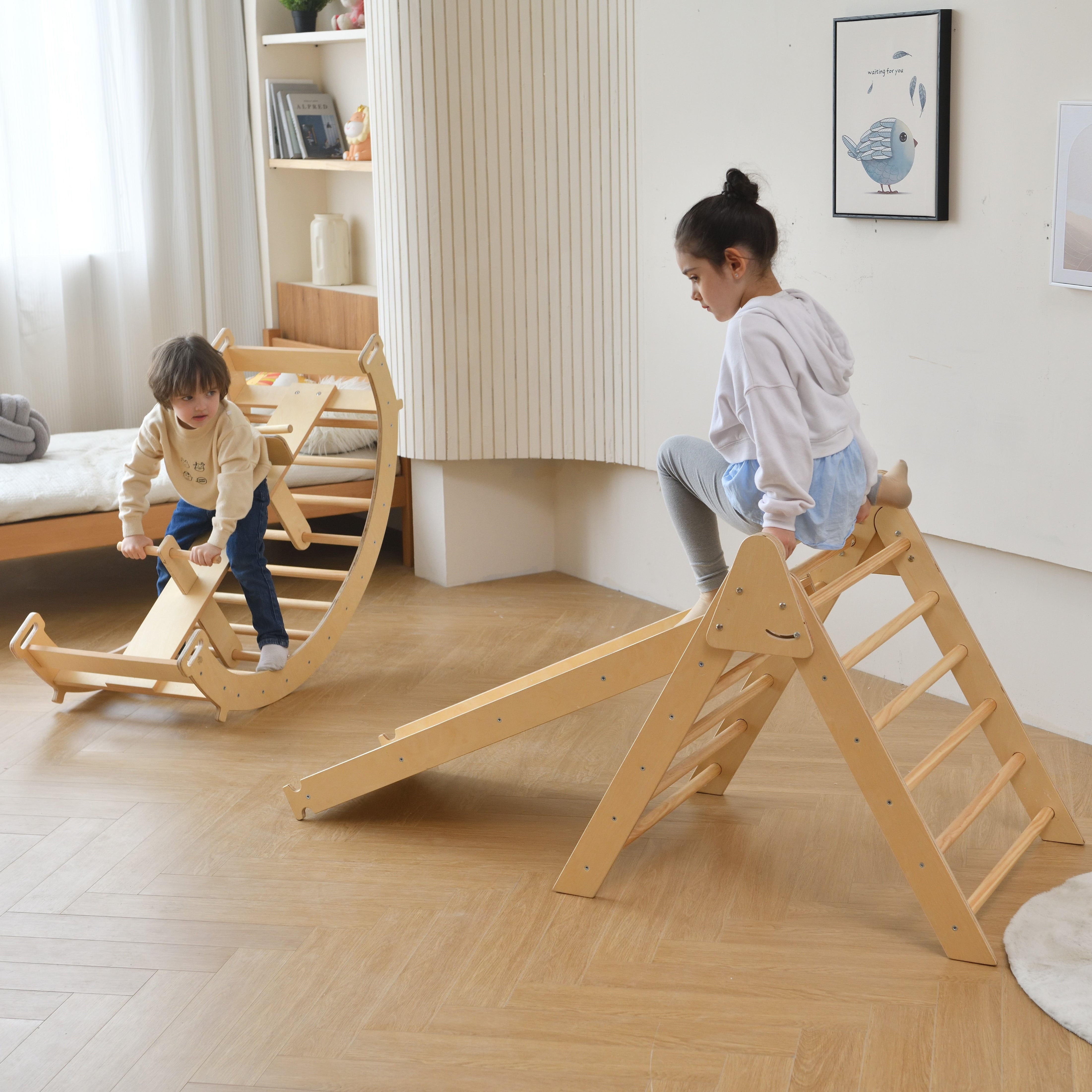 Bazel - Pikler 6-in-1  Climber with Rocker Arch and Slide Set Indoor Avenlur.com   