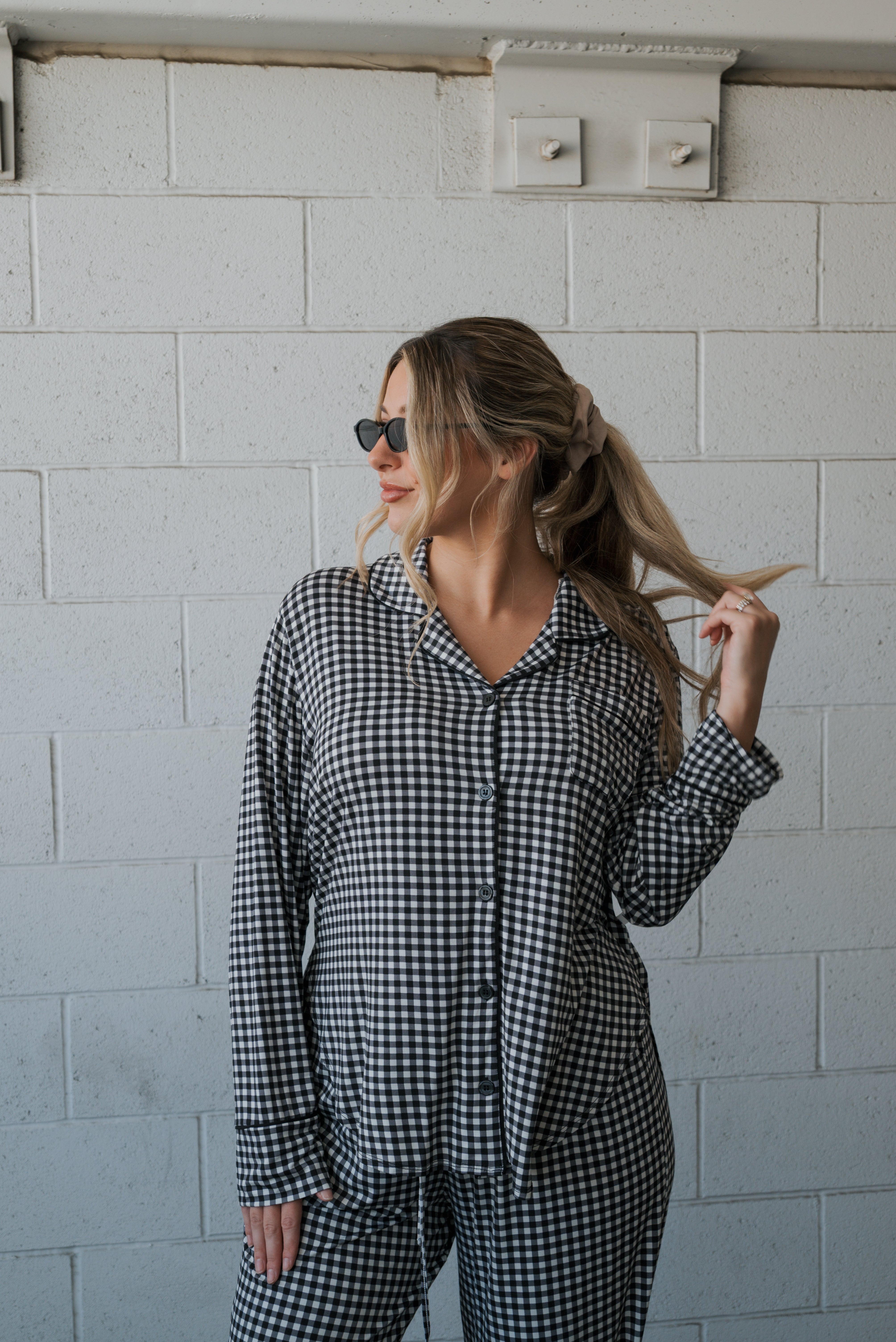 Women's Bamboo Button Up Lounge Set | Black Gingham