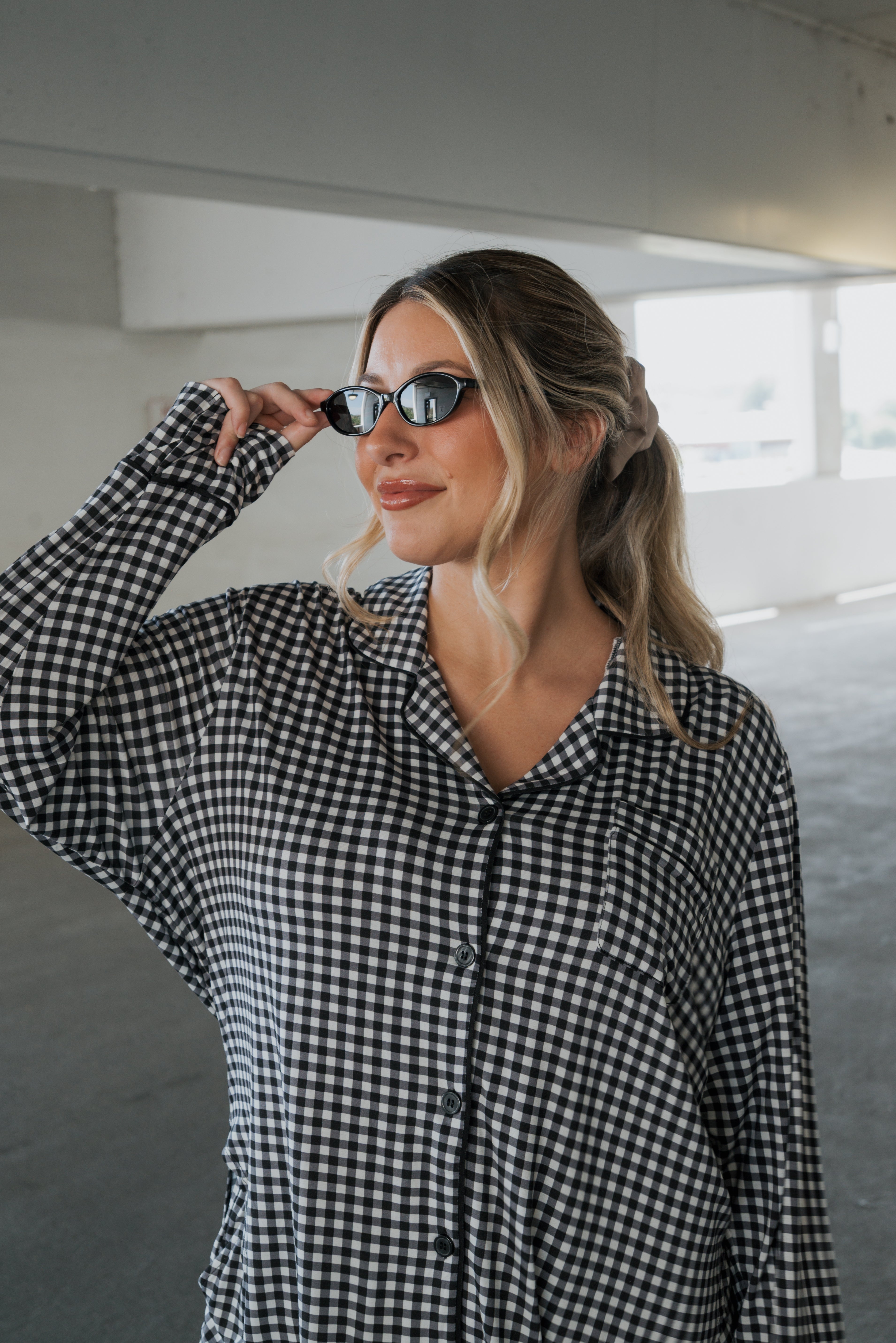 Women's Bamboo Button Up Lounge Set | Black Gingham