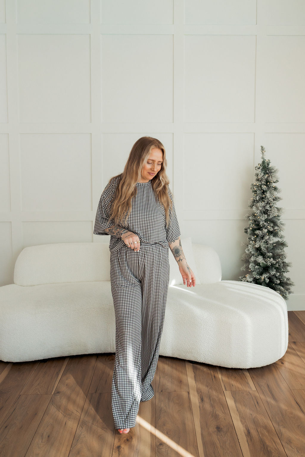 Women's Boxy Tee Lounge Set | Green Gingham