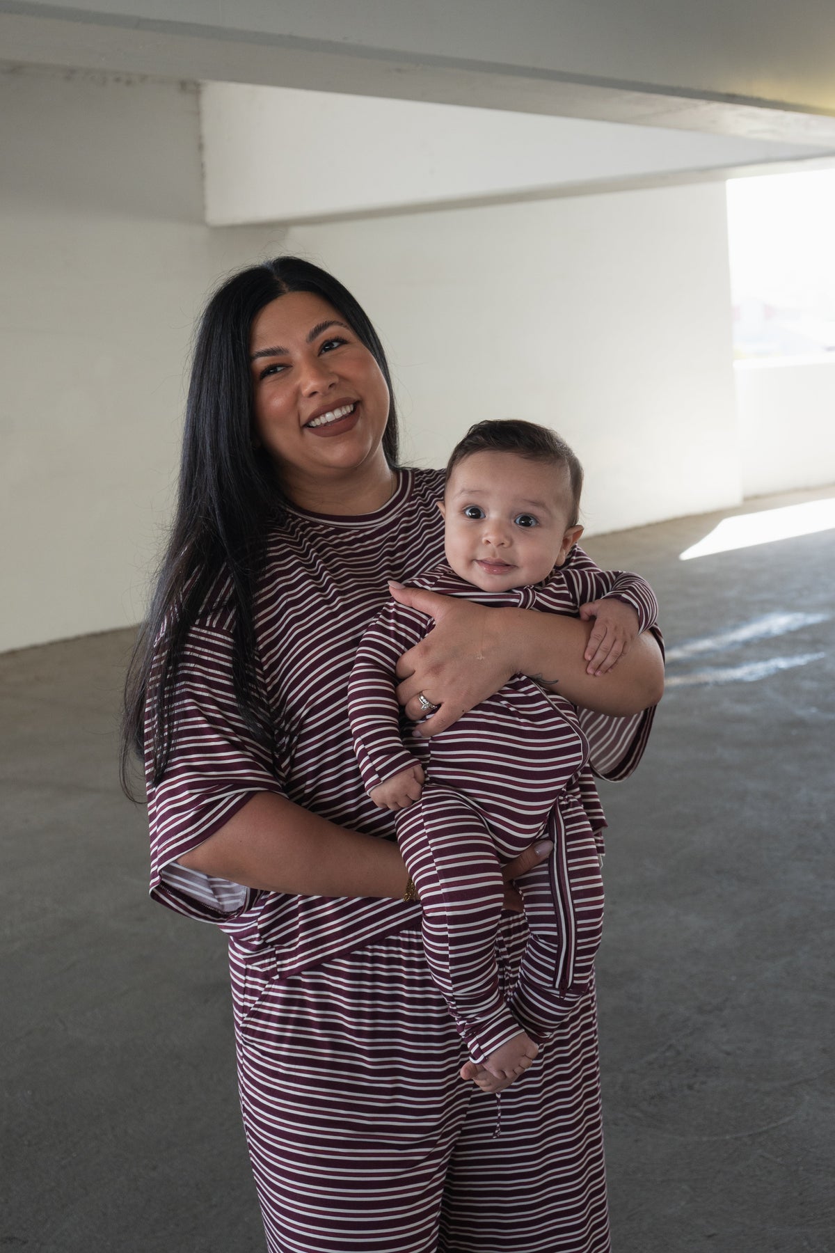 Bamboo Zip Pajamas | Maroon Stripe