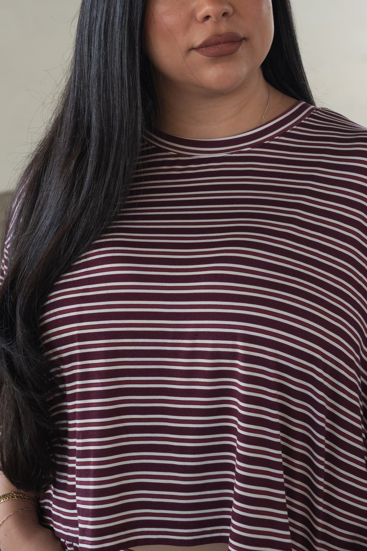 Women's Bamboo Crop Tee Lounge Set | Maroon Stripe