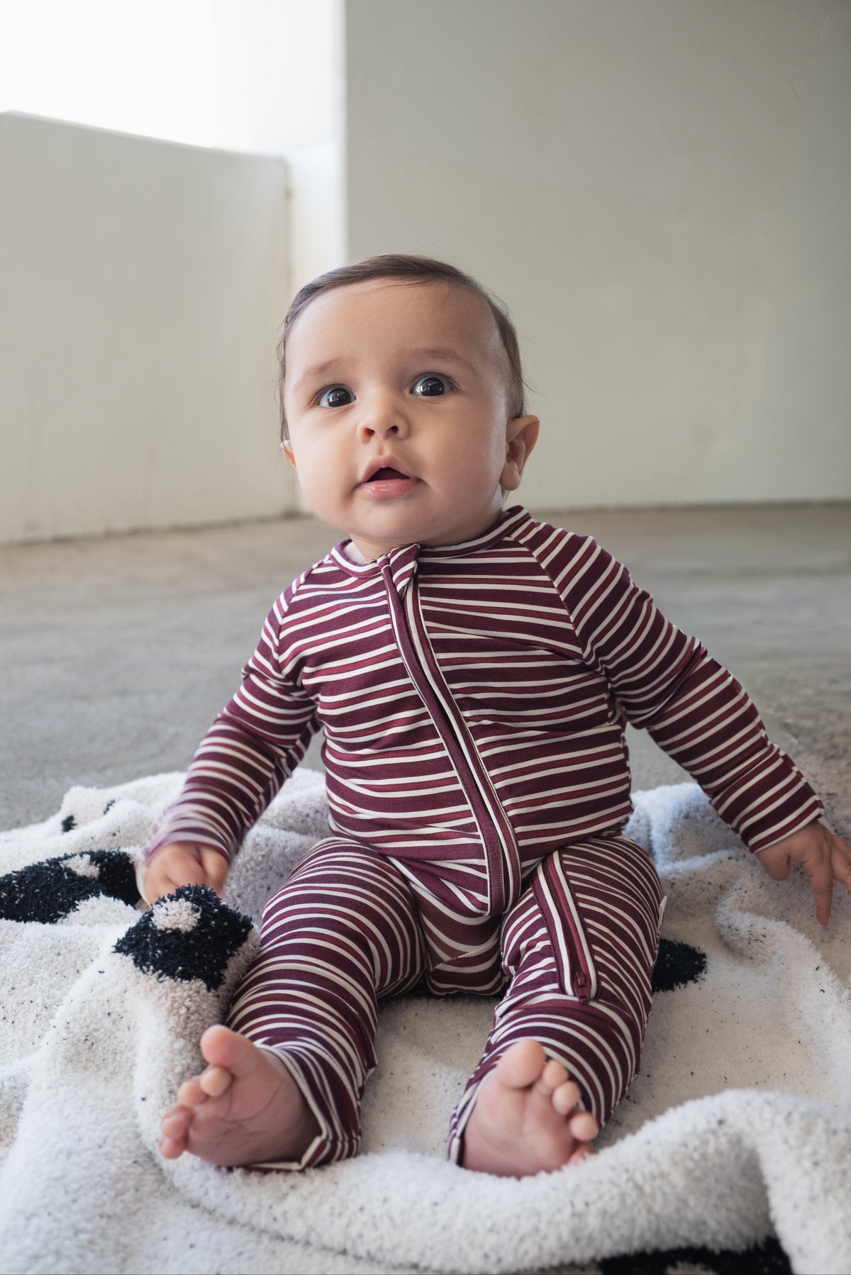 Bamboo Zip Pajamas | Maroon Stripe