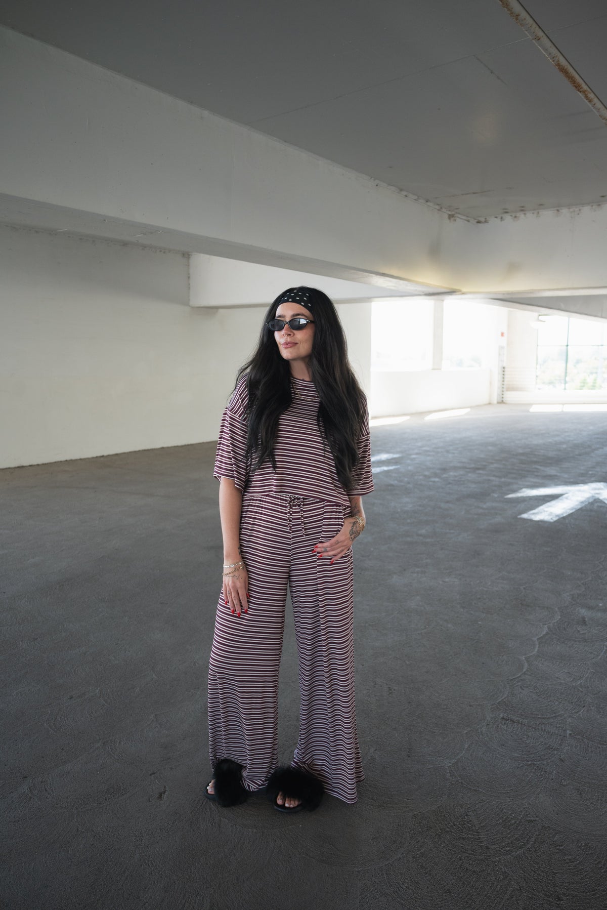 Women's Bamboo Crop Tee Lounge Set | Maroon Stripe