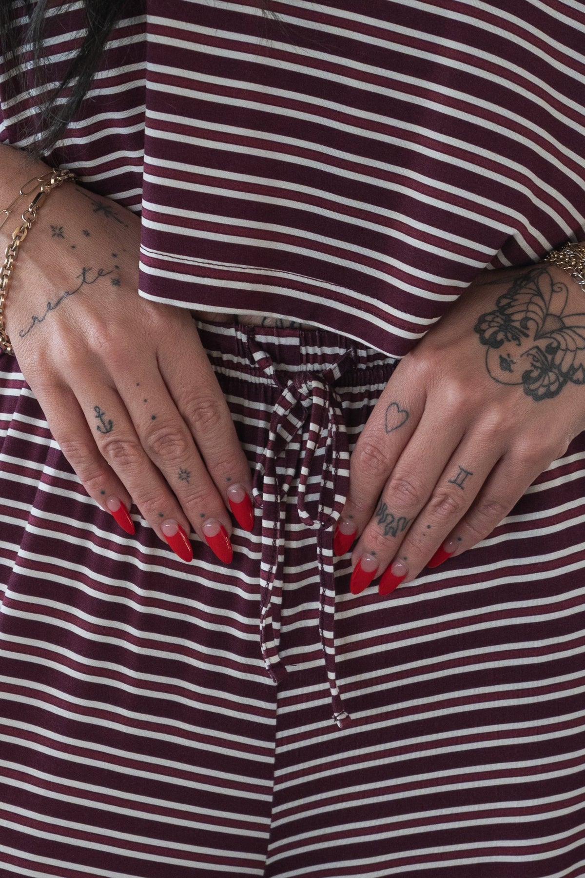 Women's Bamboo Crop Tee Lounge Set | Maroon Stripe
