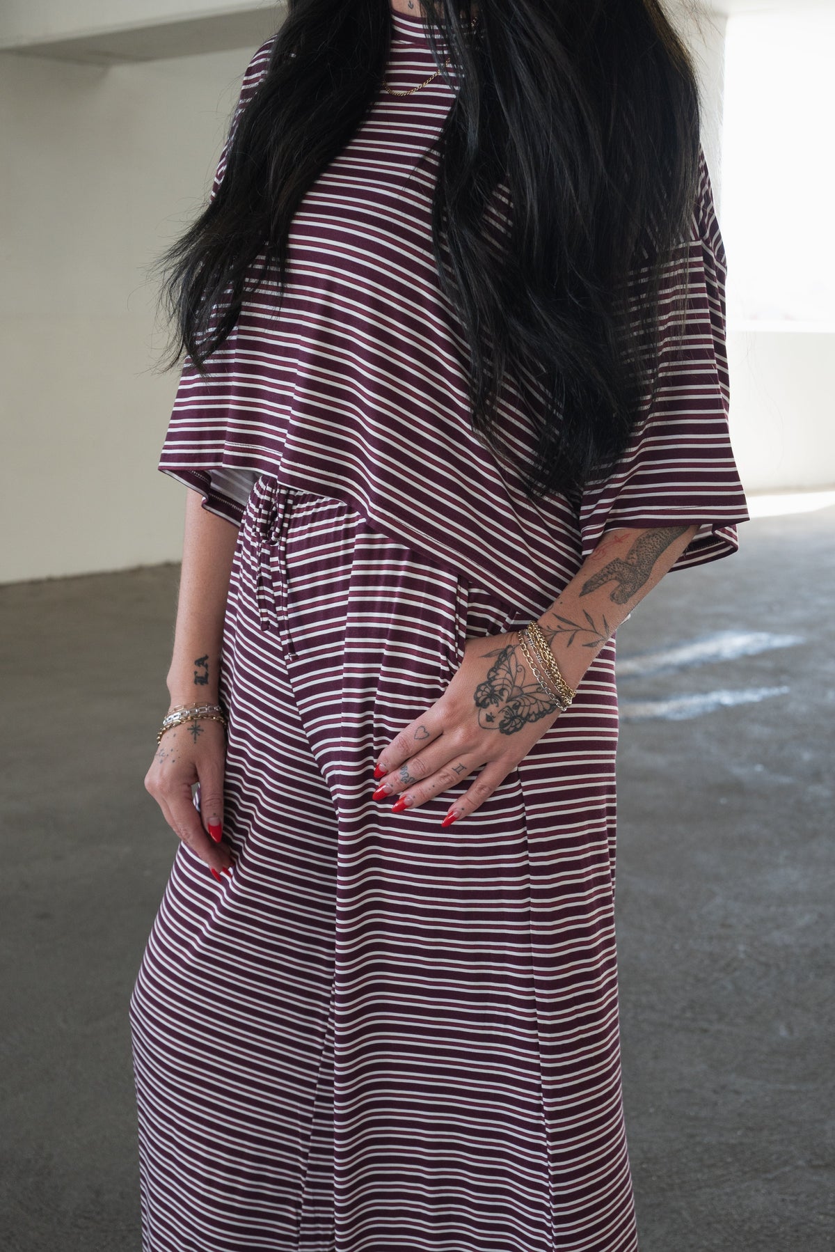 Women's Bamboo Crop Tee Lounge Set | Maroon Stripe