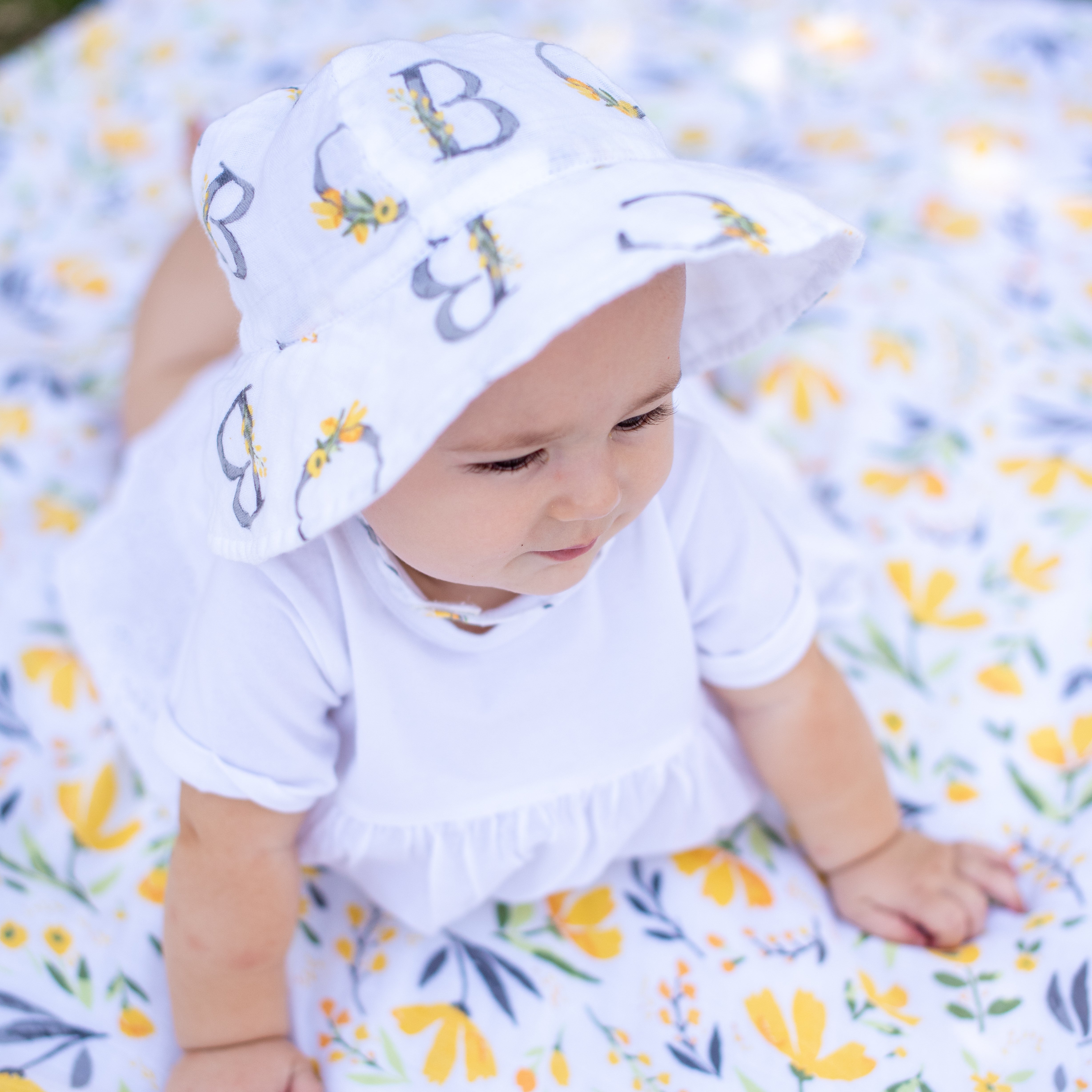 Floral Alphabet Oh So Soft Muslin Sun Hat Sun Hat Bebe au Lait   