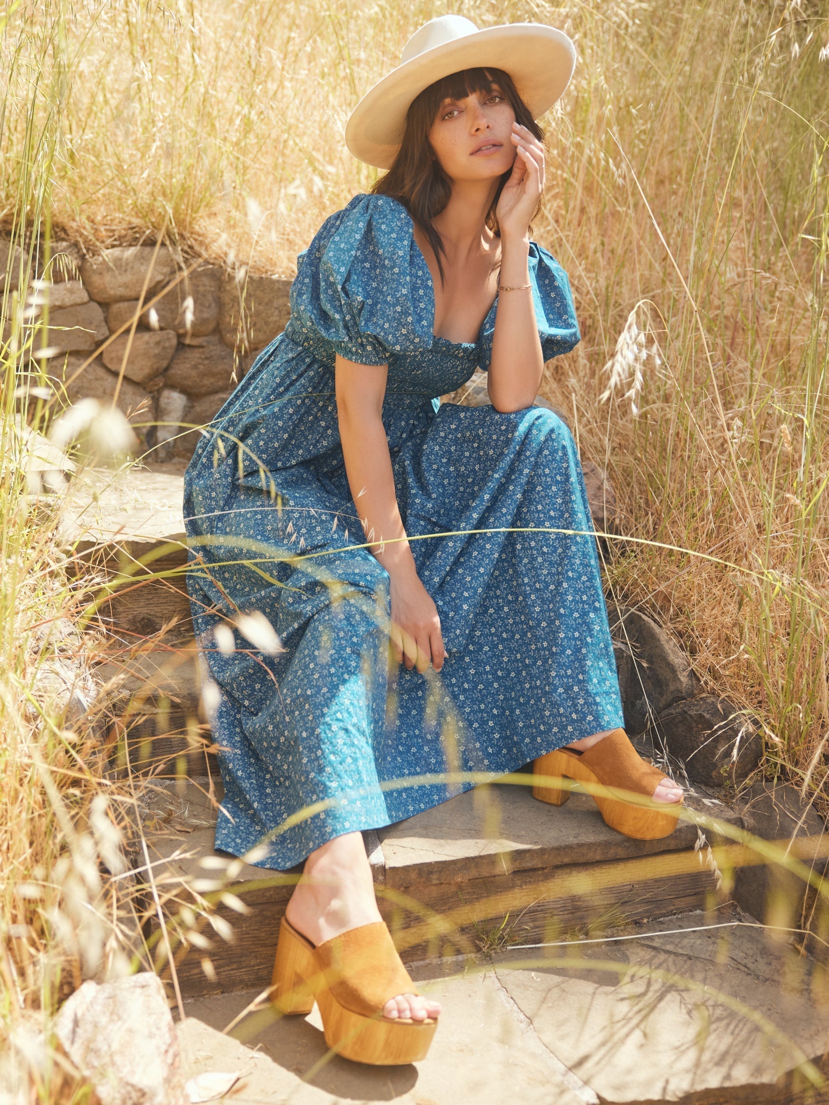 Aurora Puff Sleeve Maxi Dress - Queen Blue/Mini Alabaster Floral print
