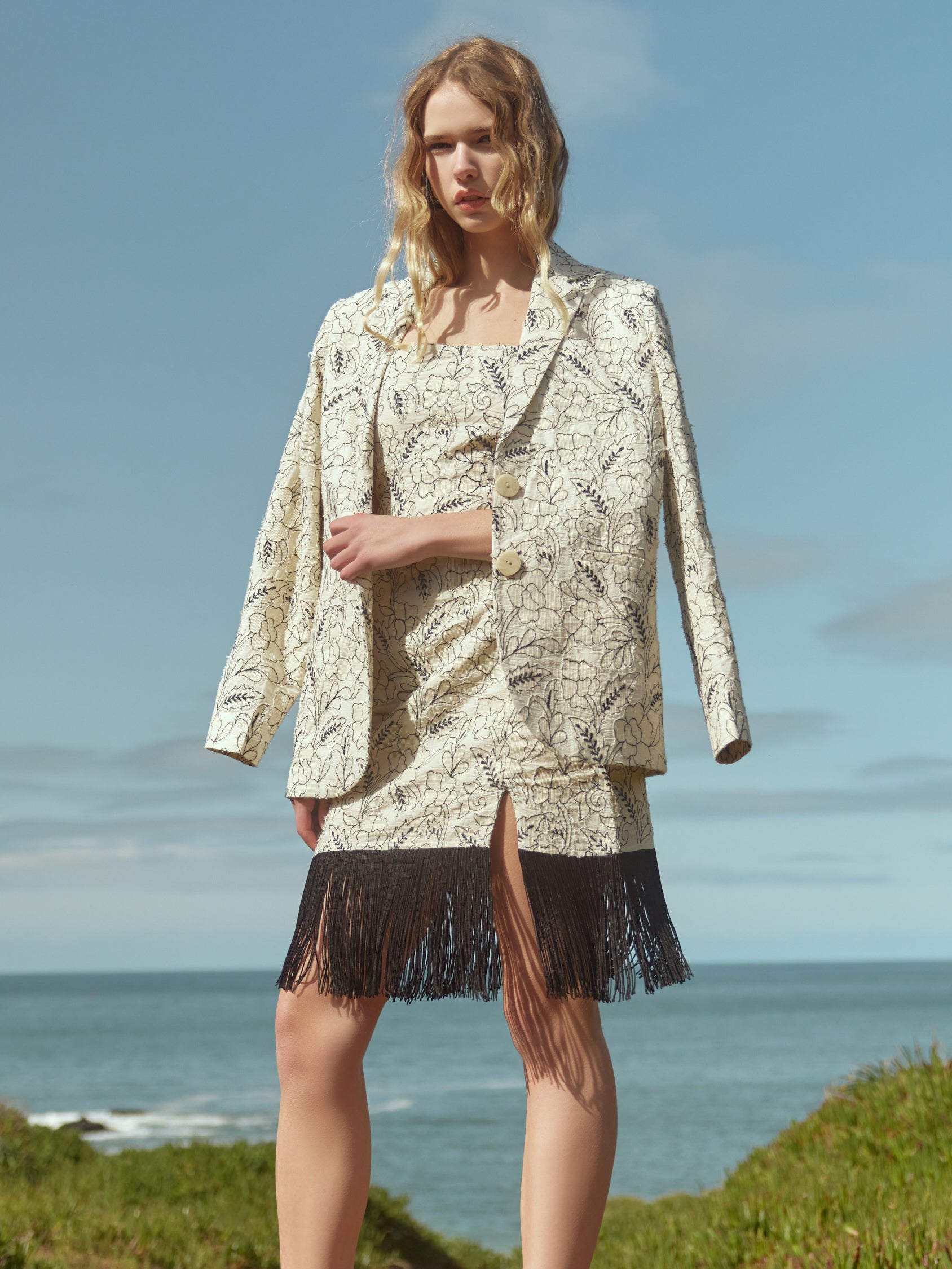 Avery Embroidered Fringe Mini Dress - Sand/Moonless Night Floral Outline Embroidery
