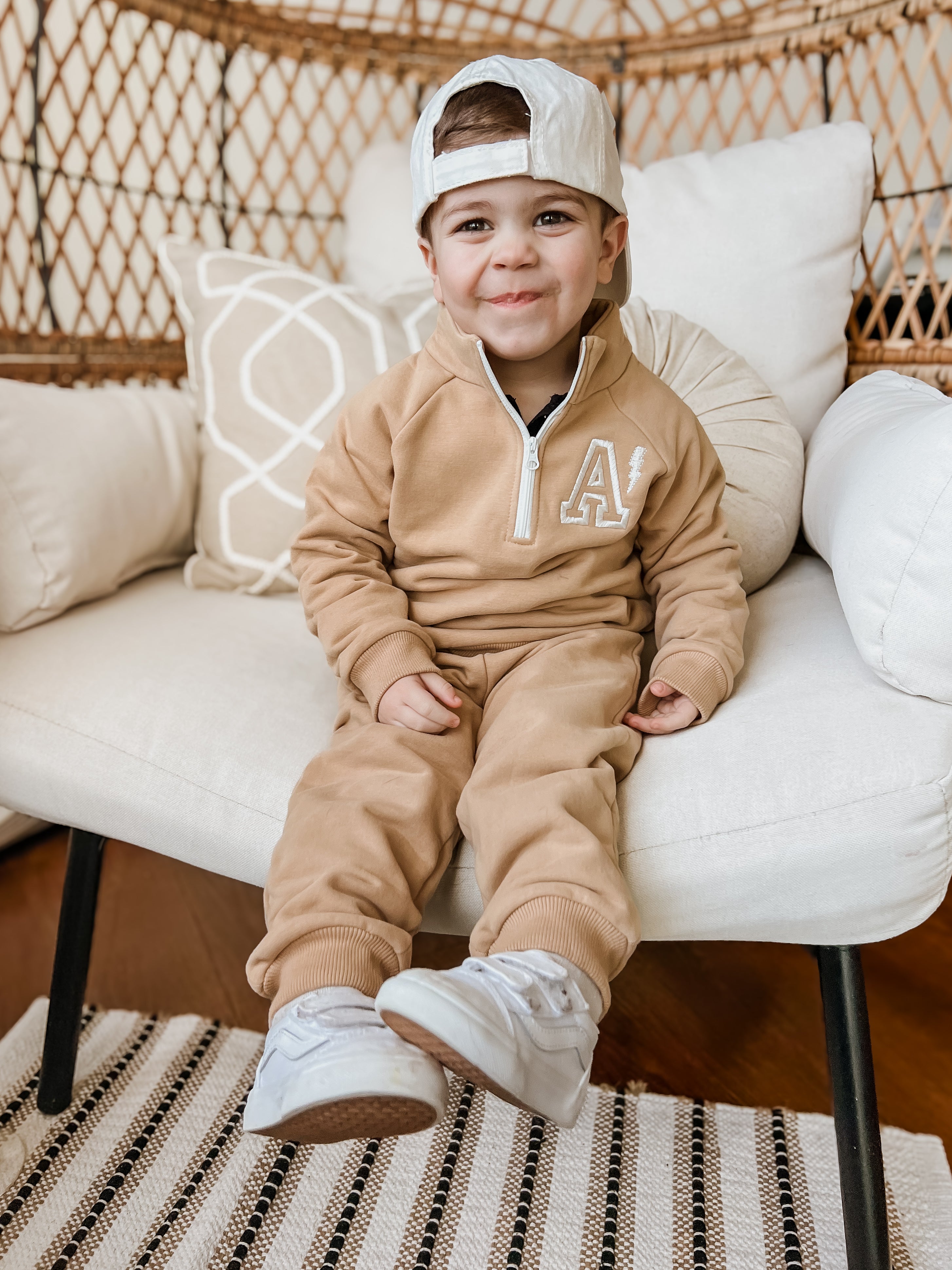 Custom Embroidered Organic Cotton Quarter Zip Set - Tan