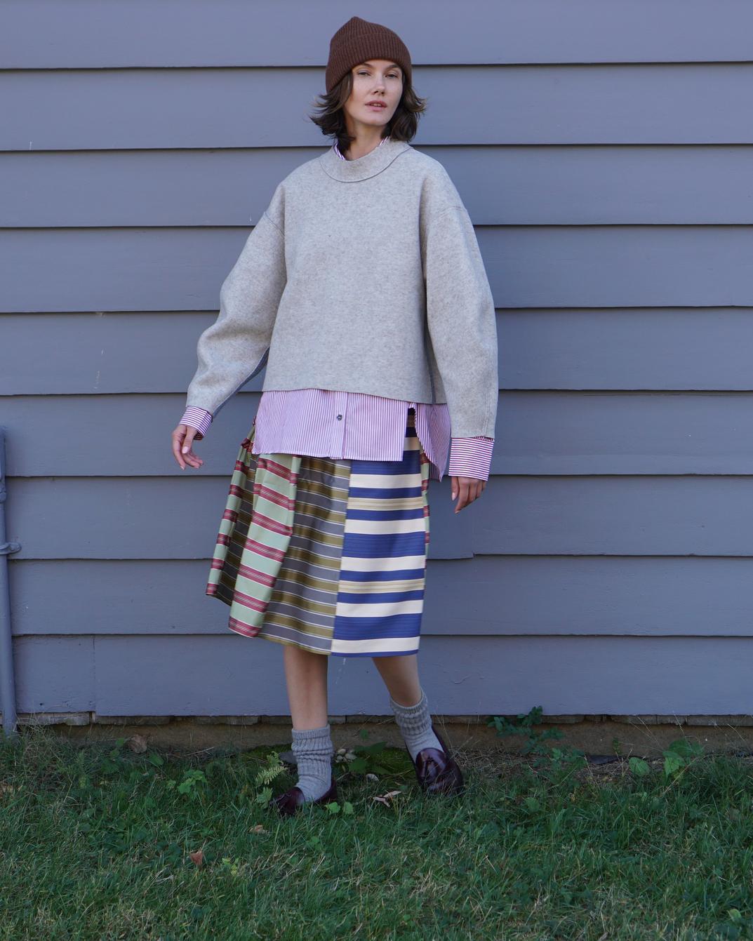 Mixed Upholstry Deadstock Satin  Dirndl Skirt - Multi