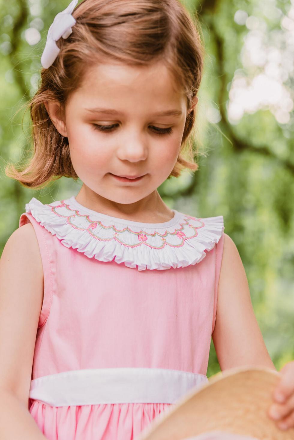 Peony Pink Smocked Dress With White Embroidered Collar
