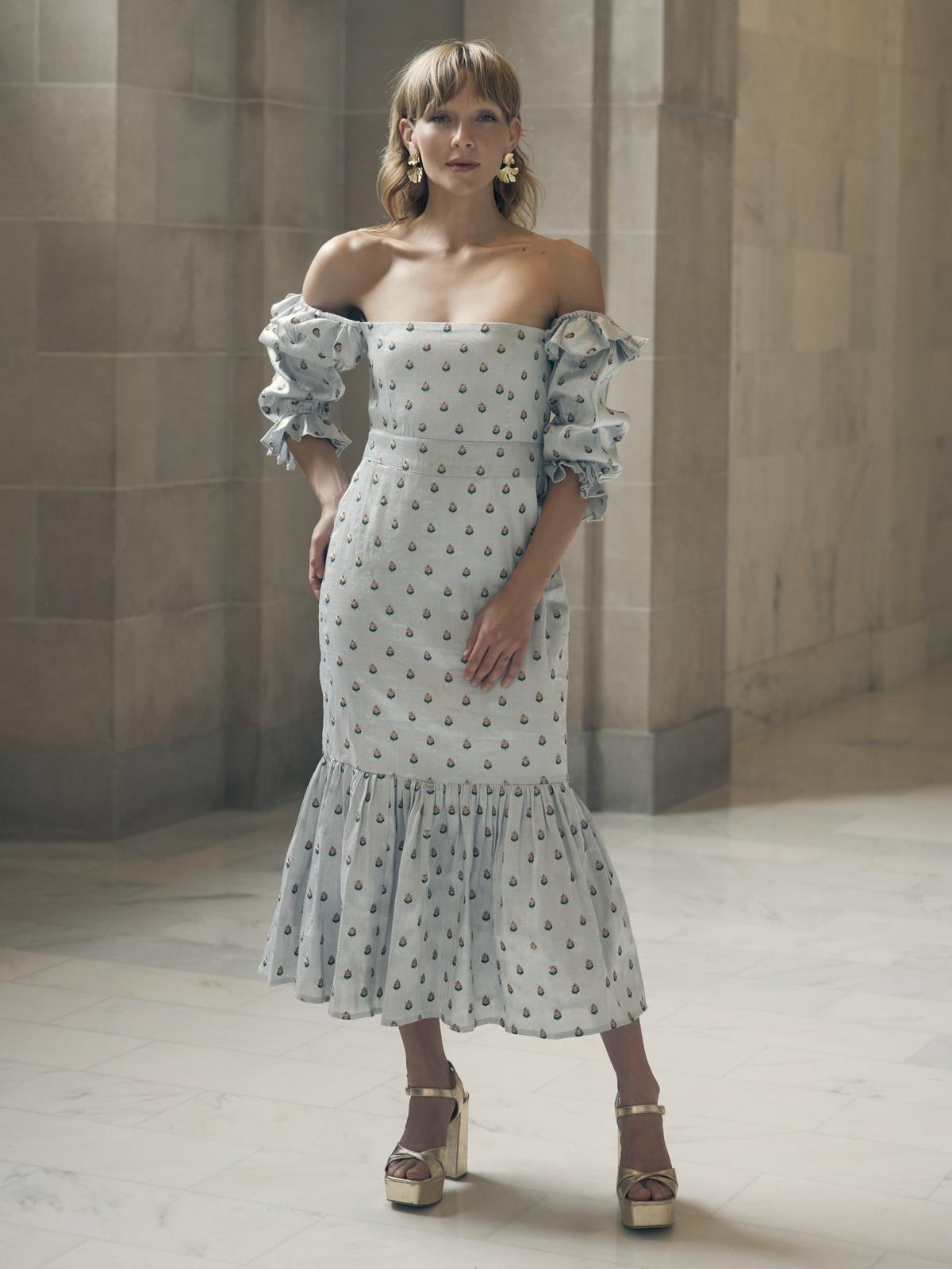 Desirae Embroidered Midi Dress - Light Silver/Micro Floral Embroidery