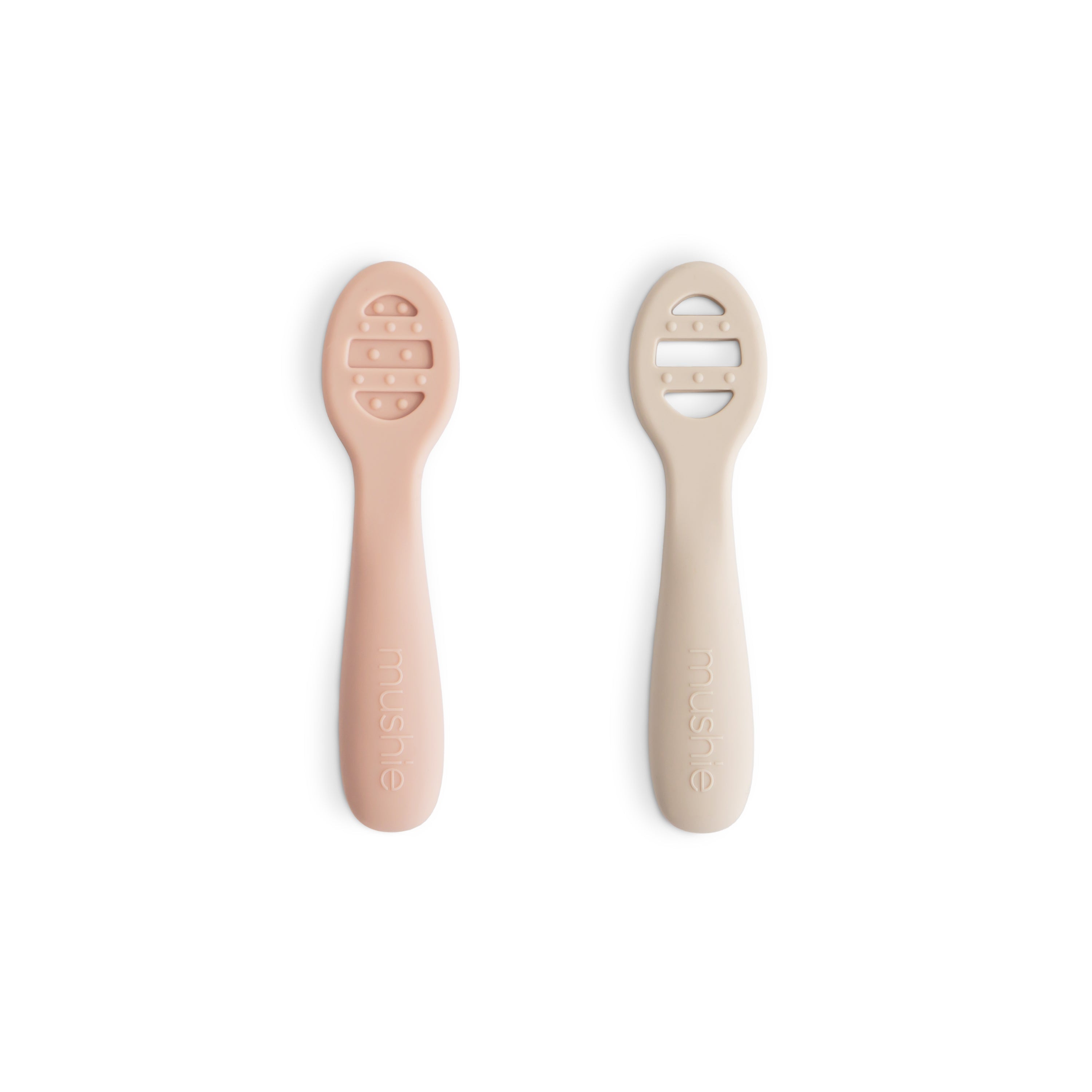 First Feeding Baby Spoons 2-Pack silicone tableware Mushie Blush/Shifting Sand  