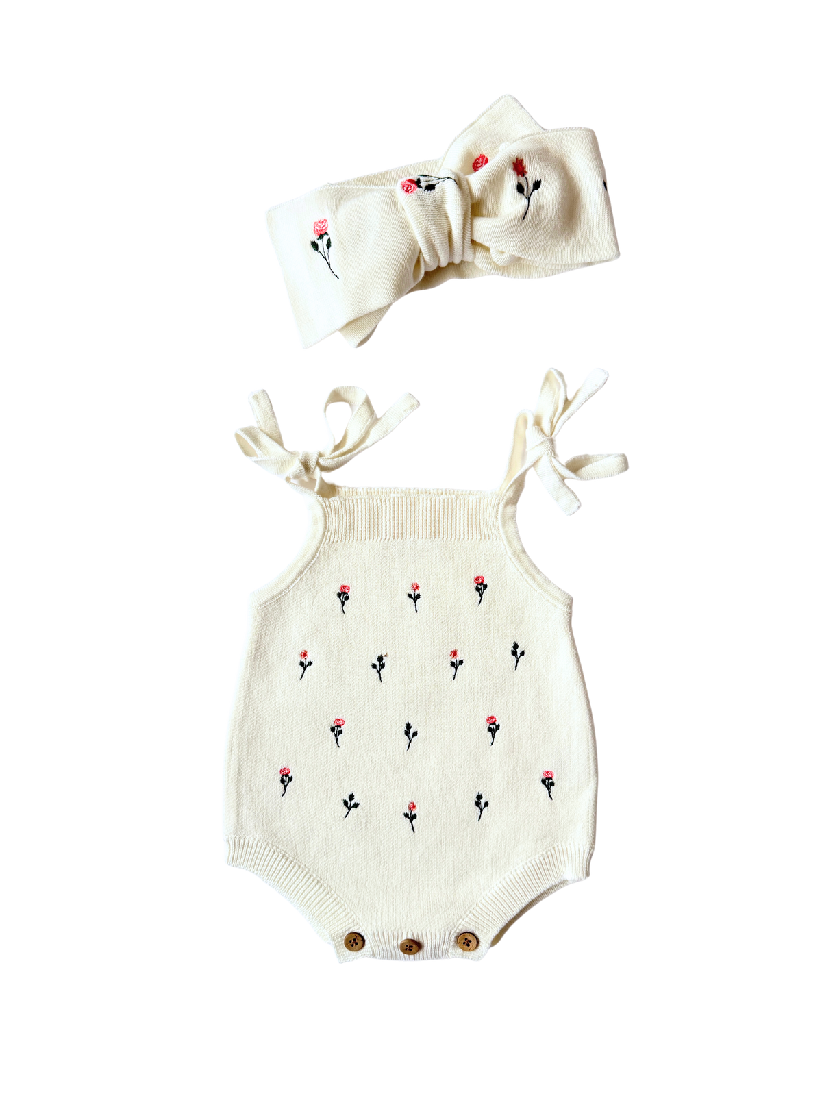 Floral Embroidery Romper + Bow - White