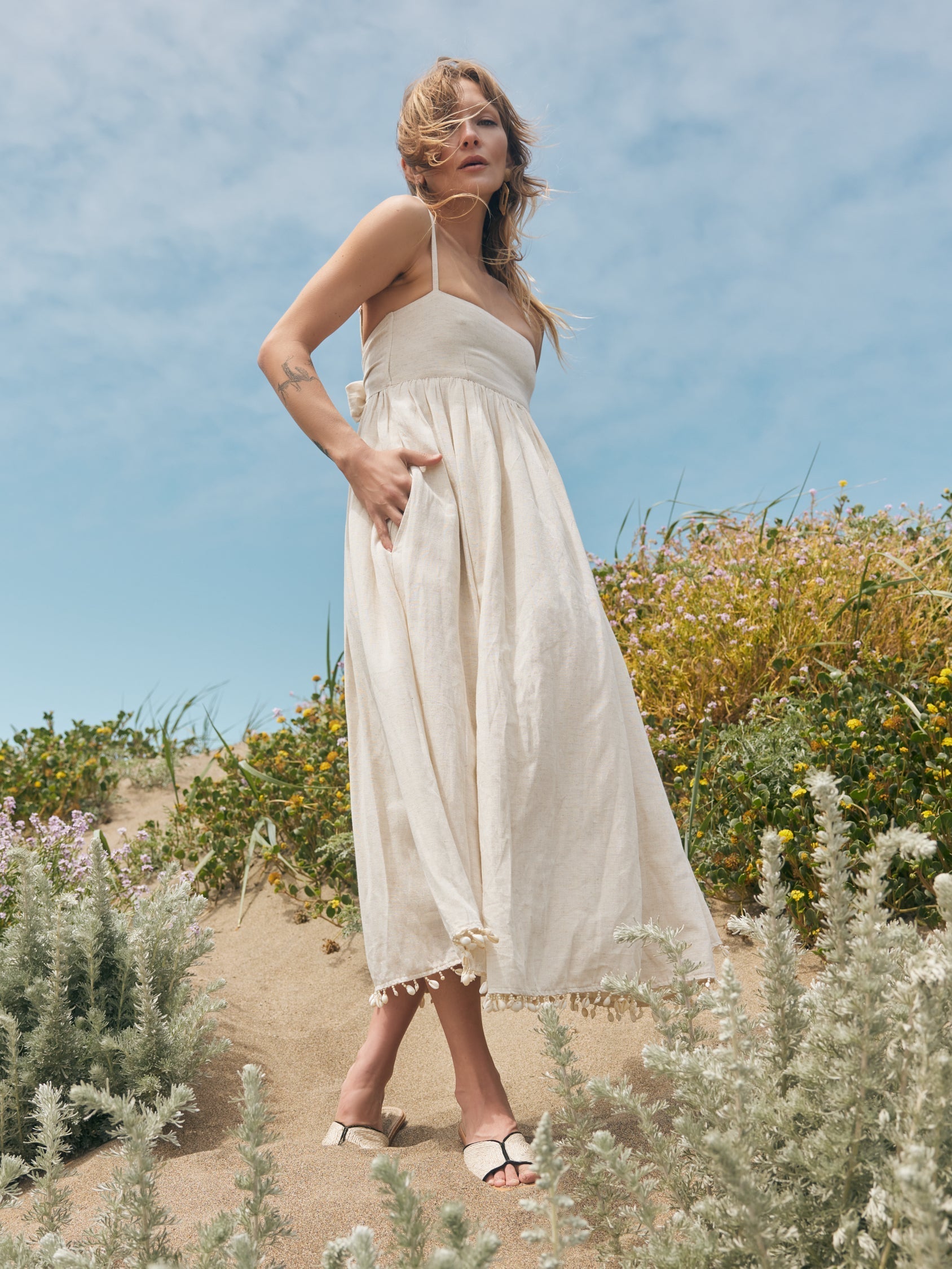 Gavin Puka Beaded Midi Dress - Light Sand/Puka Shell Fringe