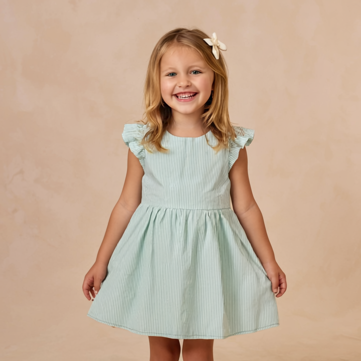 Organic Flutter Summer Dress - Green Stripes