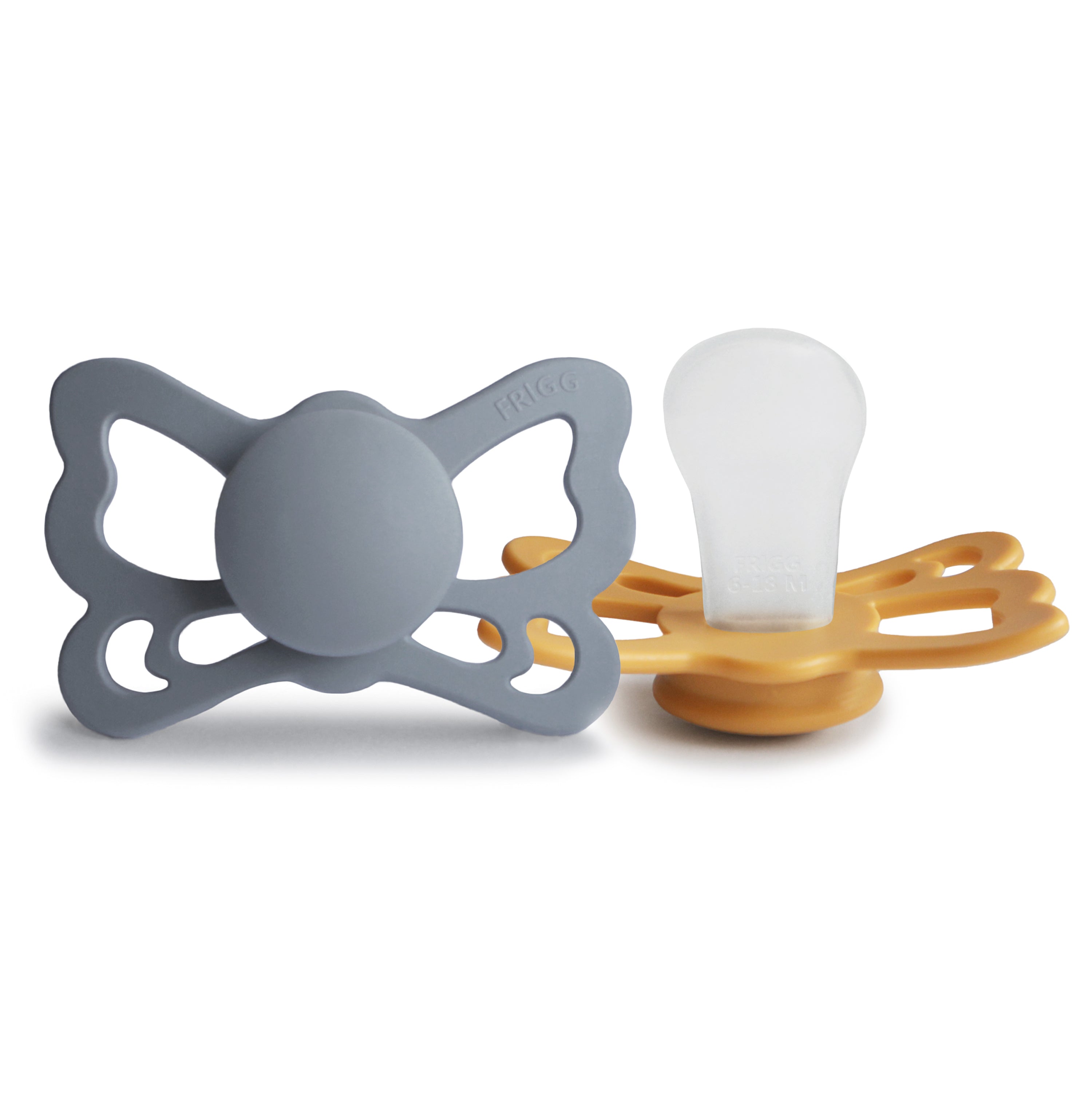 FRIGG Butterfly Anatomical Silicone Pacifier 2-Pack (6-18 Months) SILICONE FRIGG PACIFIERS Mushie Great Gray/Honey Gold  