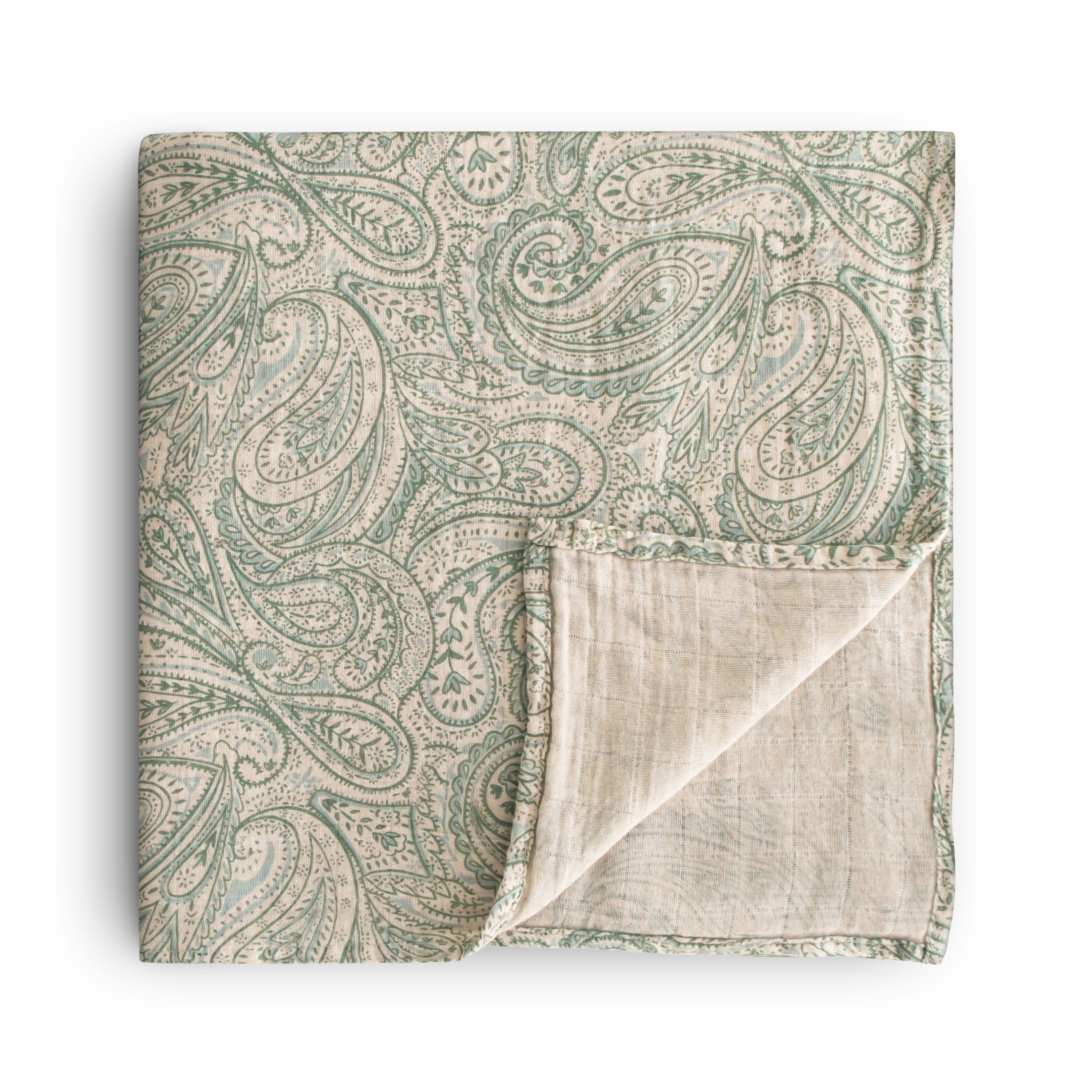 Organic Cotton Muslin Swaddle Blanket Swaddle Mushie Green Paisley  