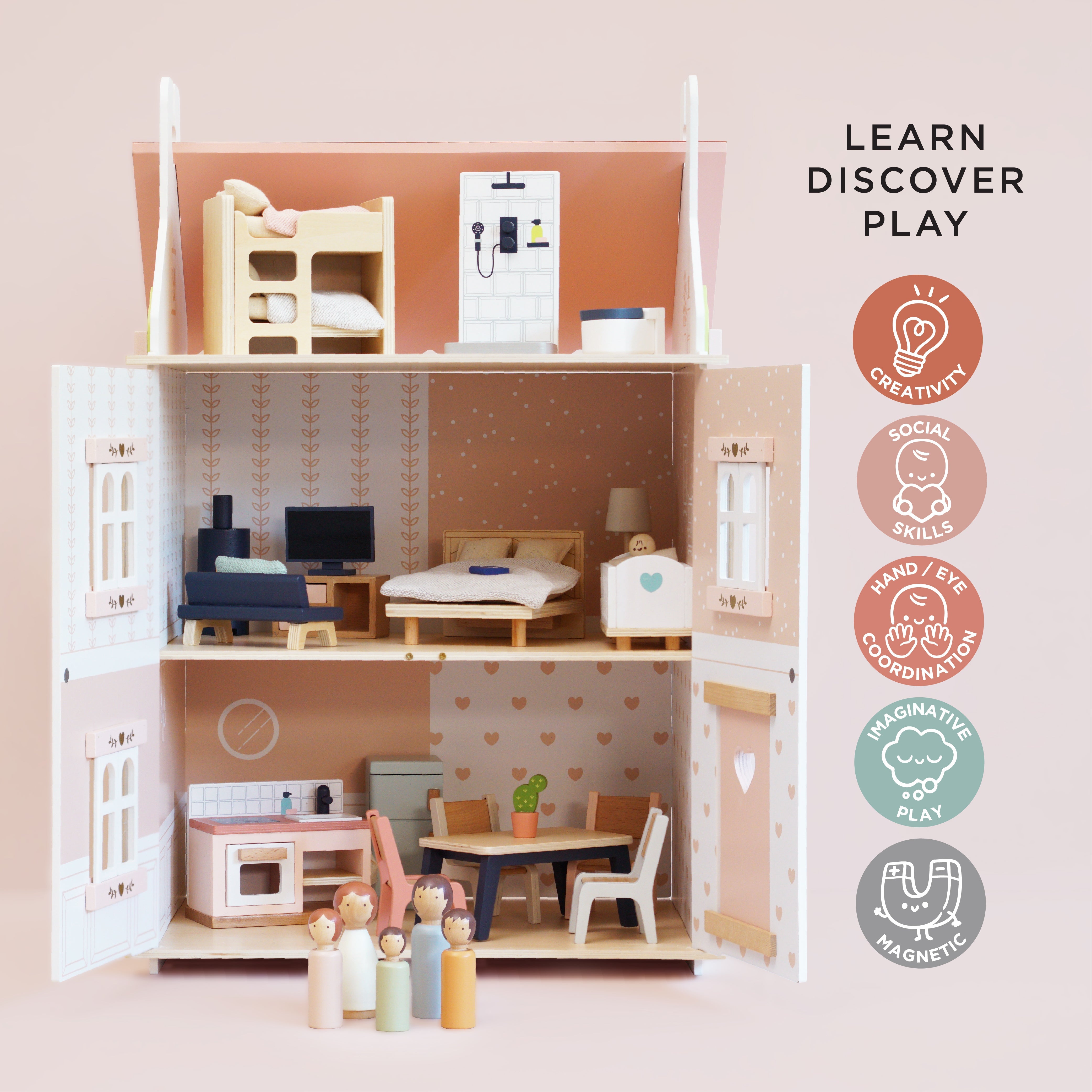 Roseheart Wooden Dolls House, Furniture & Family