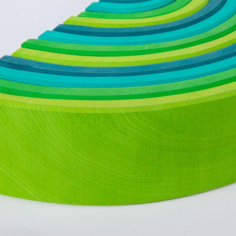**Pre-order (Ships in 2-3 Weeks)**12-Piece Stained Large Basswood Rainbow Stacking Blocks | Meadow Green & Forest Green