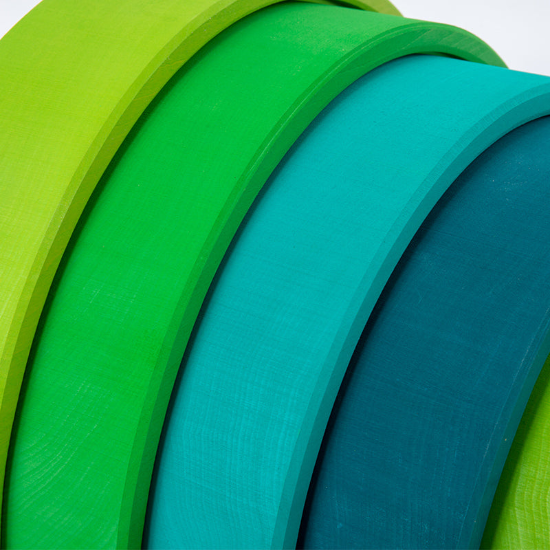 **Pre-order (Ships in 2-3 Weeks)**12-Piece Stained Large Basswood Rainbow Stacking Blocks | Meadow Green & Forest Green