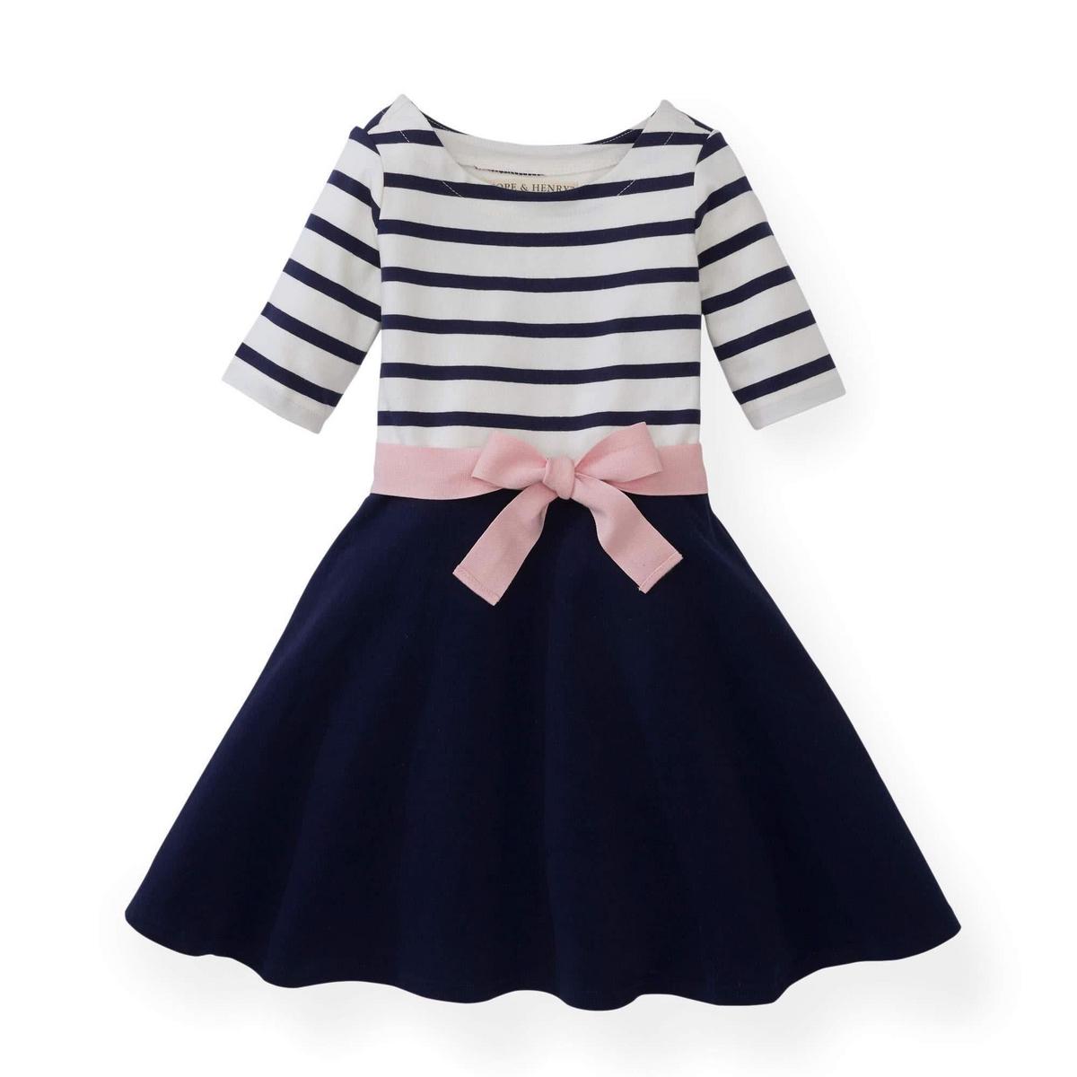 Baby Lightweight Blocked Organic Skater Dress - Navy with Light Pink Ribbon